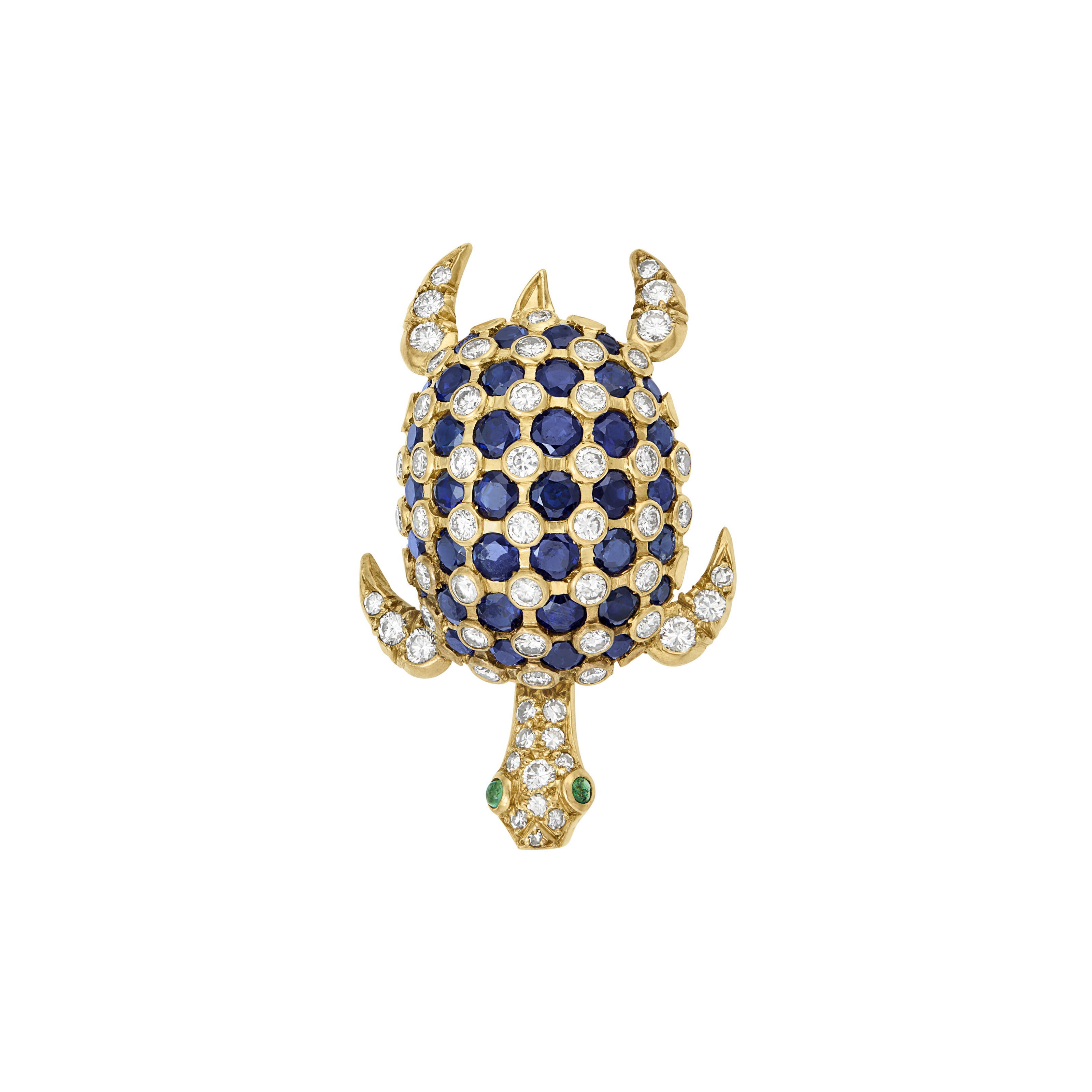 TIFFANY & CO. SAPPHIRE, DIAMOND AND EMERALD TURTLE CLIP-BROOCH