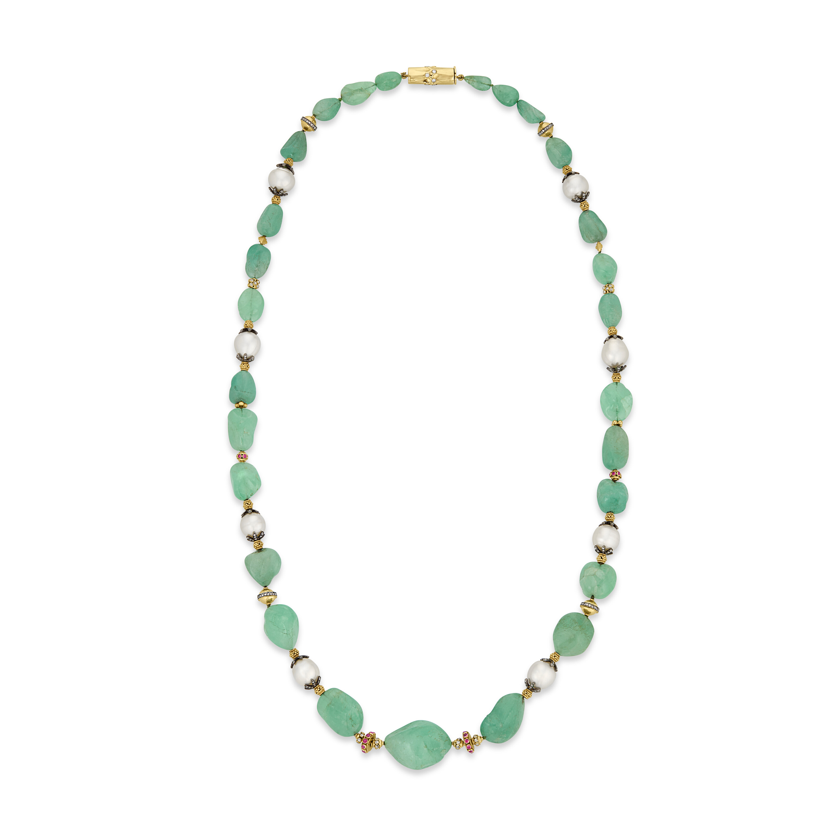VERDURA EMERALD BEAD, CULTURED PEARL, DIAMOND AND RUBY LONGCHAIN NECKLACE