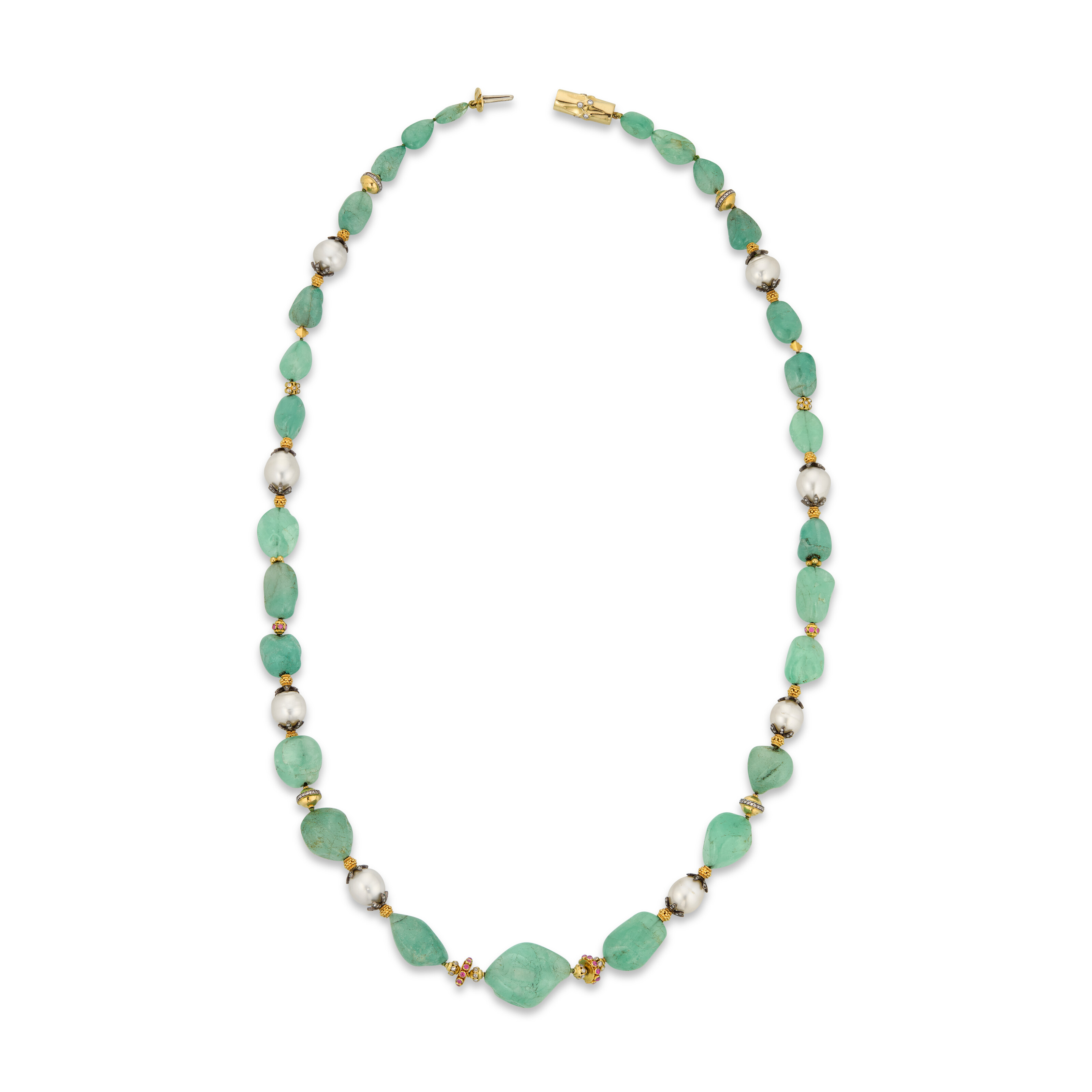 VERDURA EMERALD BEAD, CULTURED PEARL, DIAMOND AND RUBY LONGCHAIN NECKLACE image 3