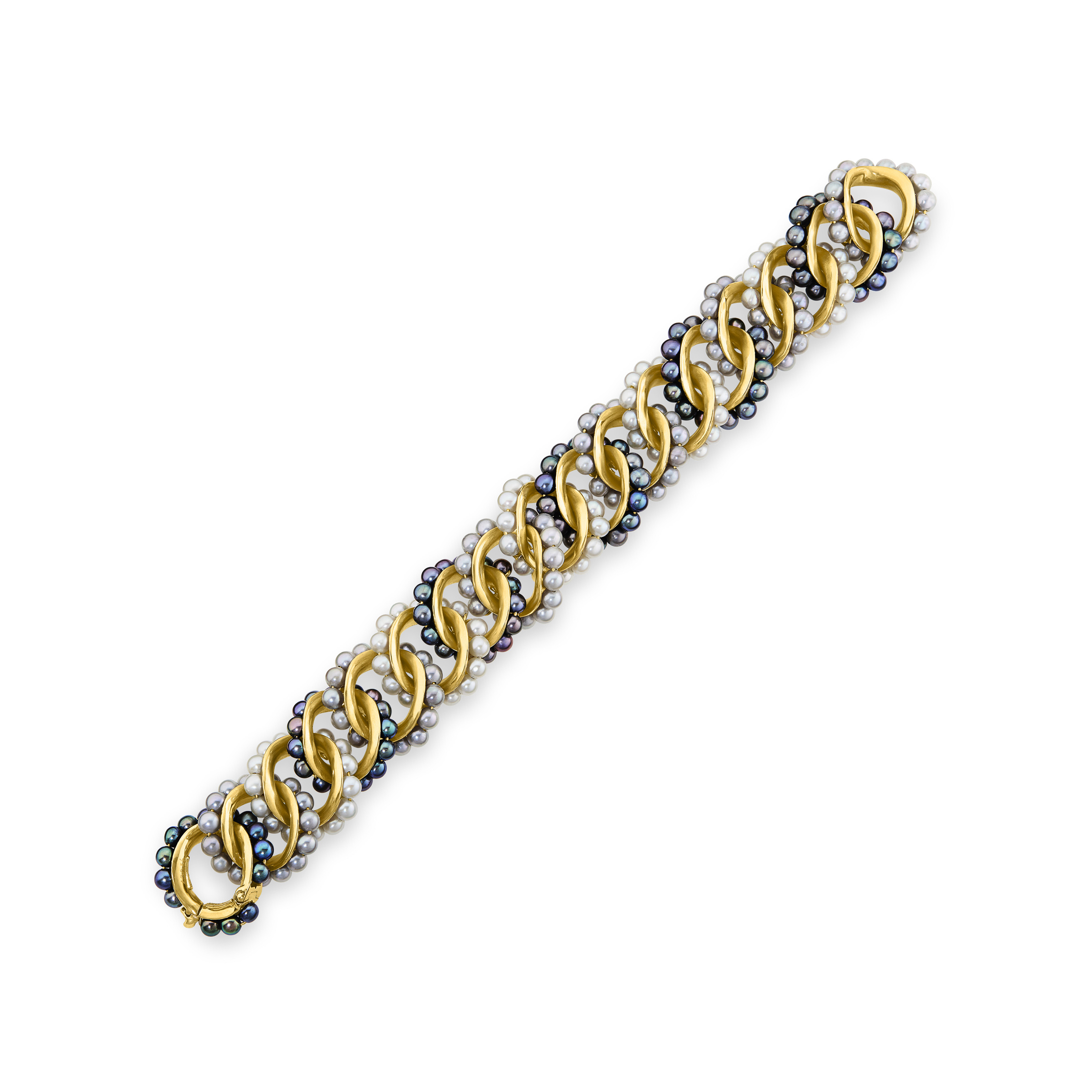 SEAMAN SCHEPPS GRAY AND WHITE CULTURED PEARL AND GOLD 'WRAPPED-LINK' BRACELET