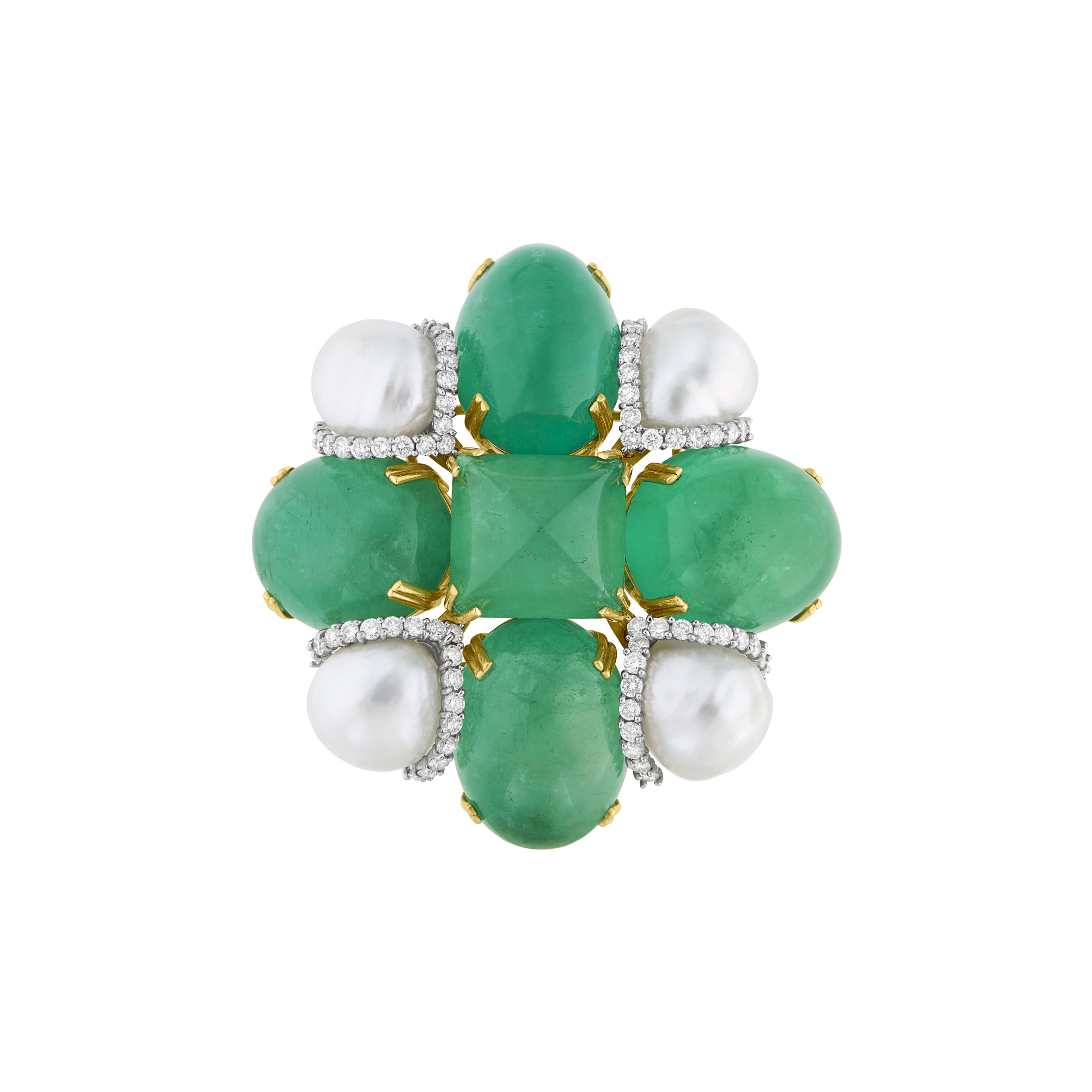 SEAMAN SCHEPPS EMERALD, CULTURED PEARL AND DIAMOND MALTESE CROSS BROOCH