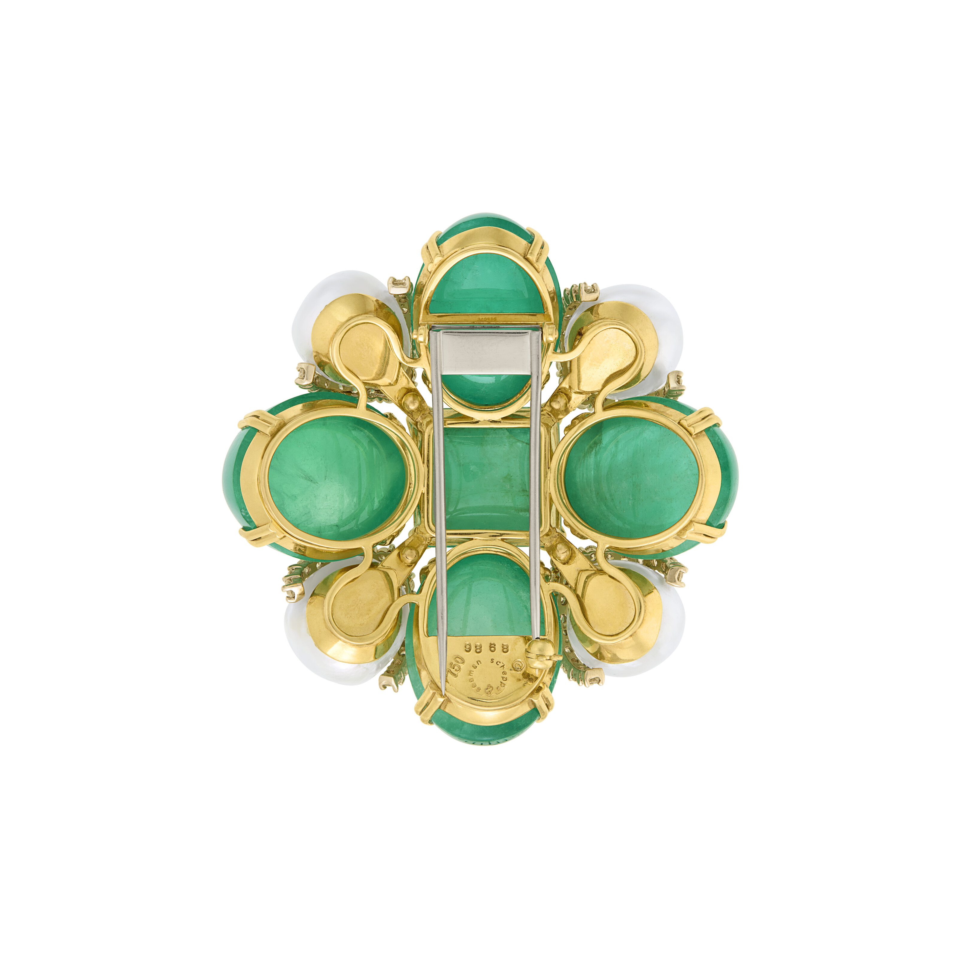 SEAMAN SCHEPPS EMERALD, CULTURED PEARL AND DIAMOND MALTESE CROSS BROOCH image 3