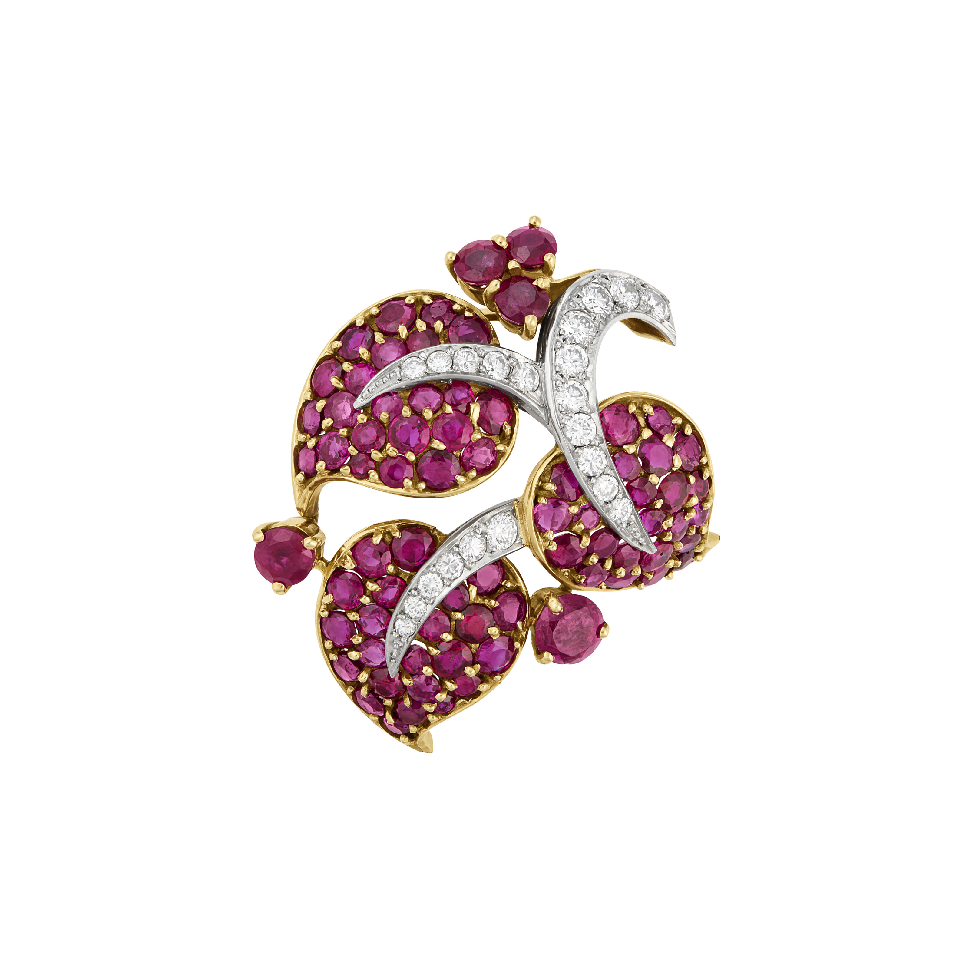 VAN CLEEF & ARPELS RUBY AND DIAMOND LEAF CLIP-BROOCH
