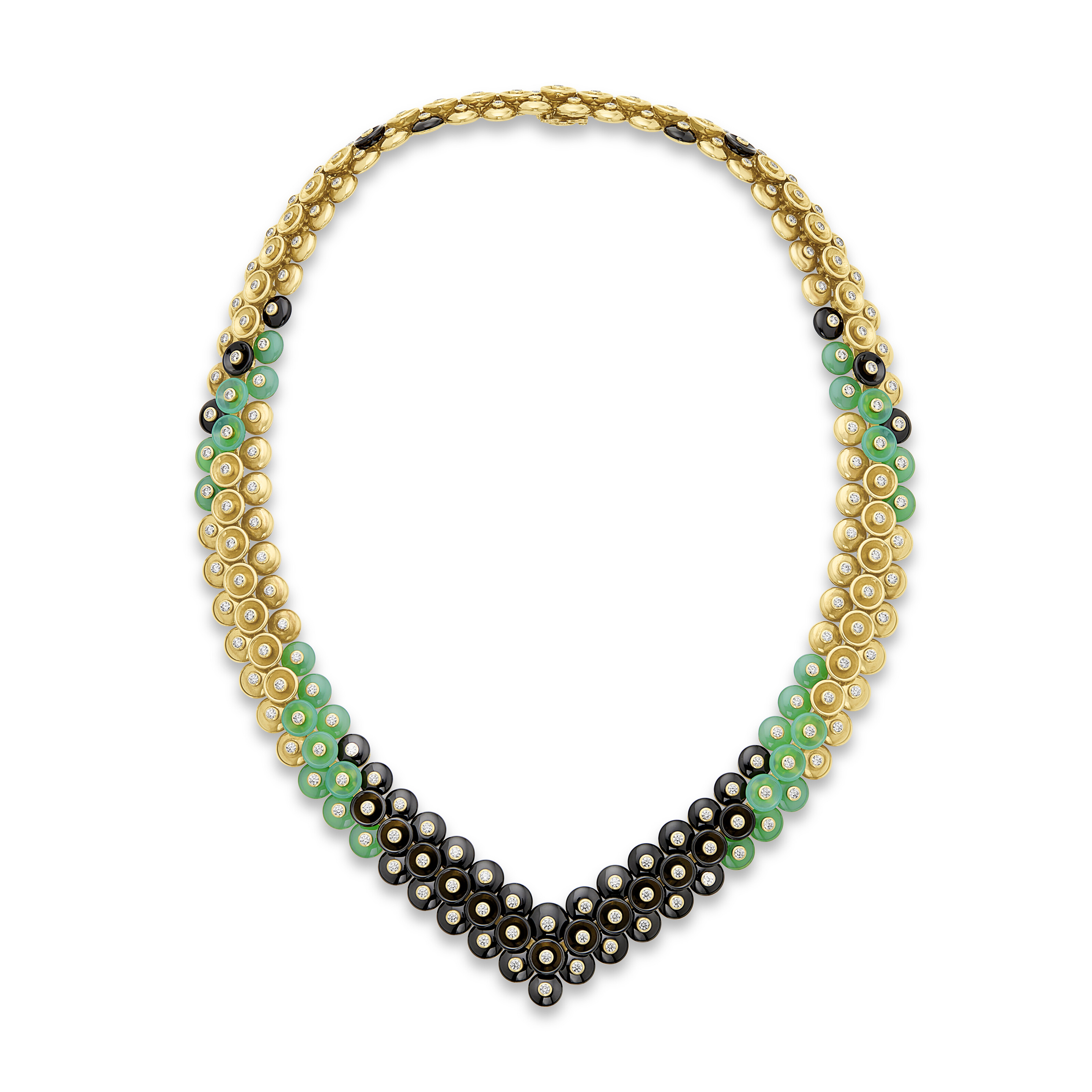 VAN CLEEF & ARPELS CHRYSOPRASE, ONYX AND DIAMOND 'BOUTON D'OR' NECKLACE
