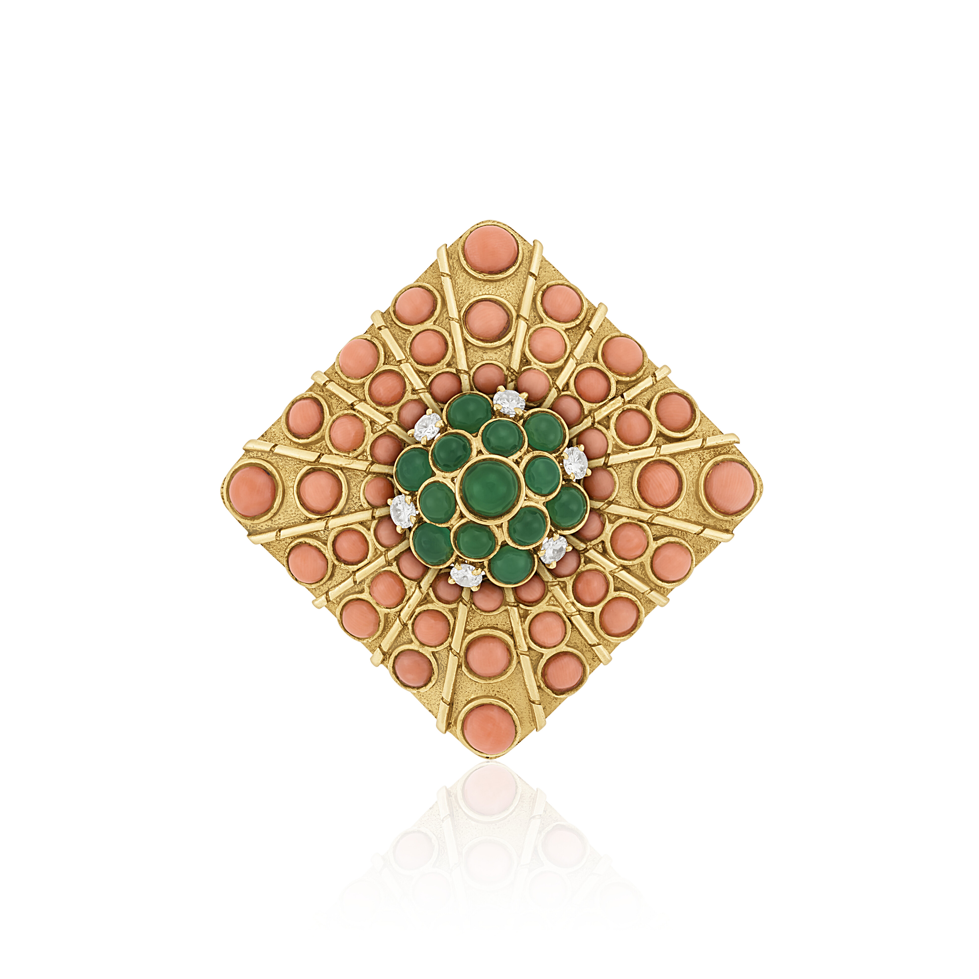 VAN CLEEF & ARPELS CORAL, CHRYSOPRASE AND DIAMOND BROOCH