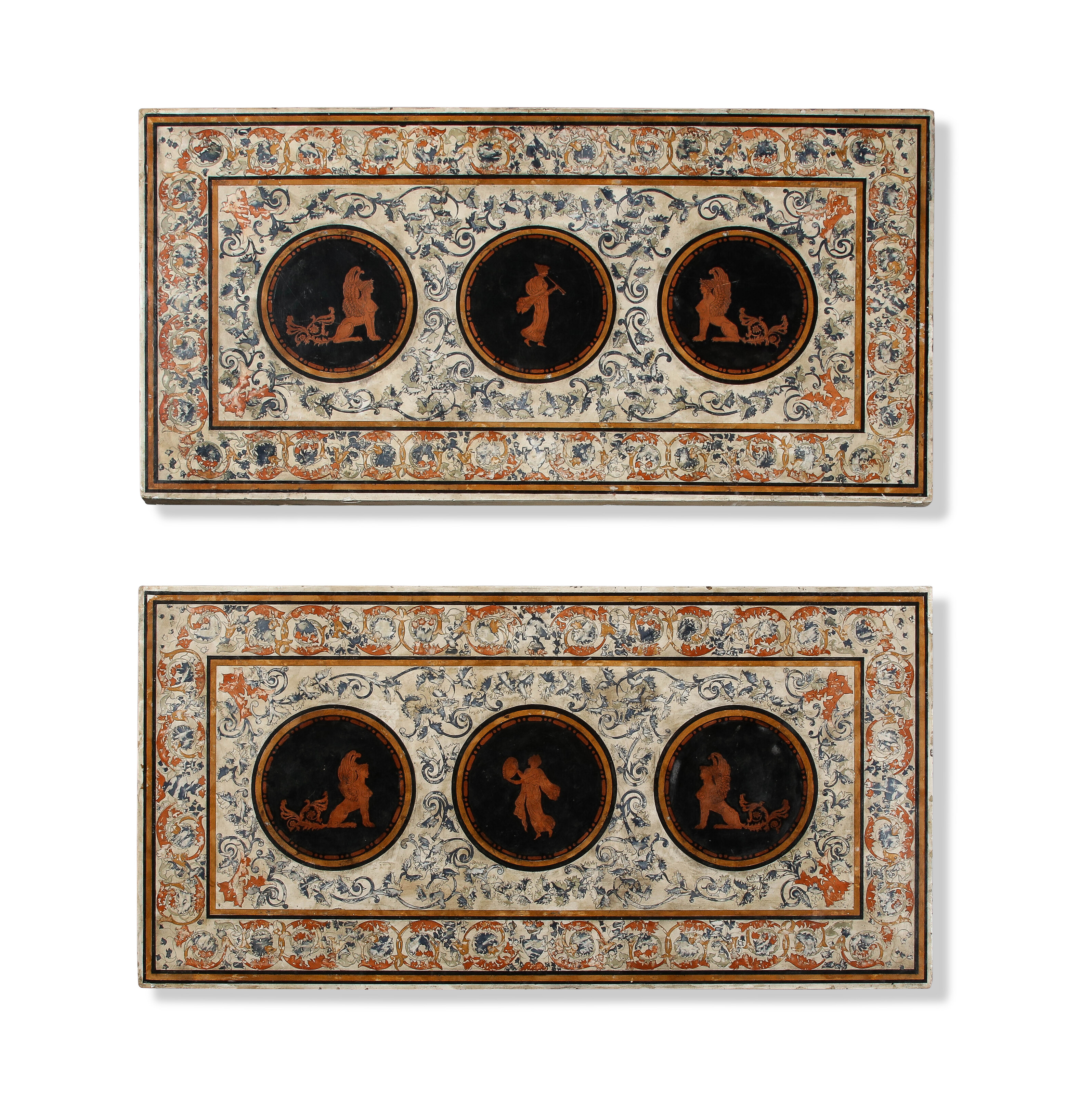 A PAIR OF ITALIAN SCAGLIOLA AND POLYCHROME-DECORATED PANELS, 19TH ...