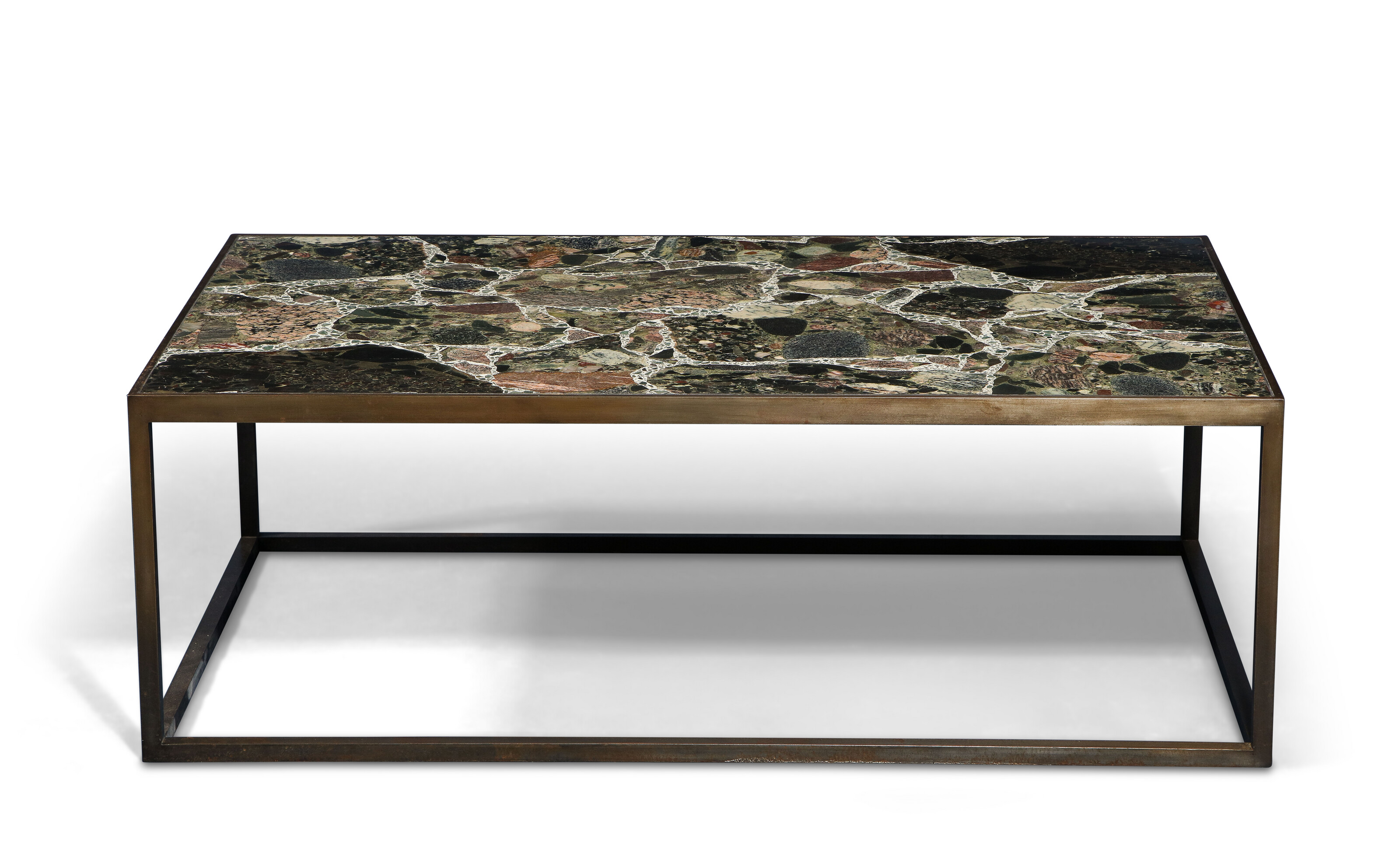 A TERRAZZO SPECIMEN STONE AND STEEL LOW TABLE, MODERN | Christie’s
