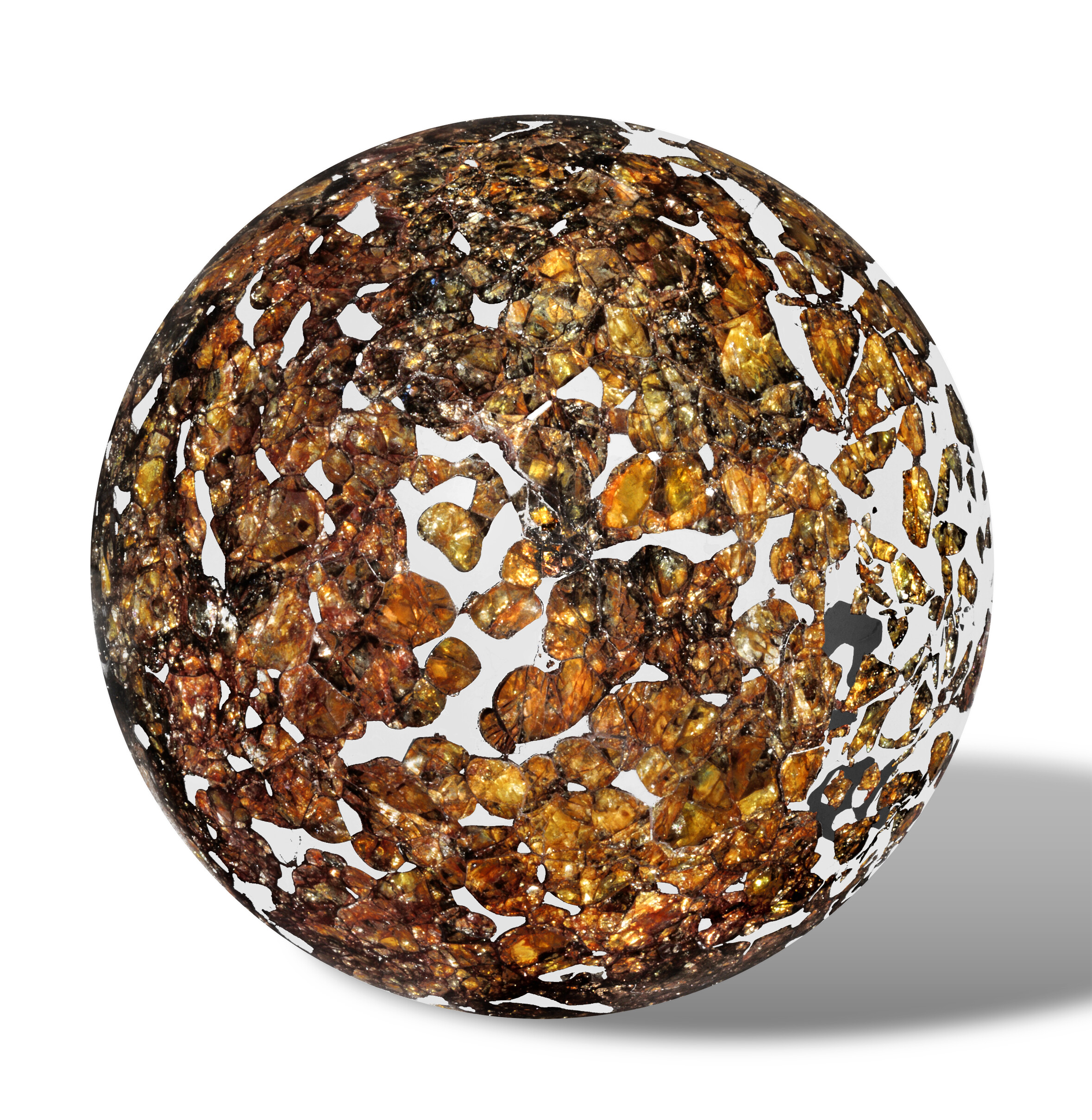 Seymchan sphere: extraterrestrial crystal ball. Pallasite - PMG; Magadan District, Siberia, Russia (62°54'N, 152°26'E). A large sphere featuring extraterrestrial olivine and peridot. It is at the boundary of the mantle and core of a differentiated asteroid that olivine-rich fragments from the mantle became suspended in the adjacent molten metal of the asteroid's core, offered in Skybreakers: Between Heaven and Earth until 12 December 2025 at Christie's Online