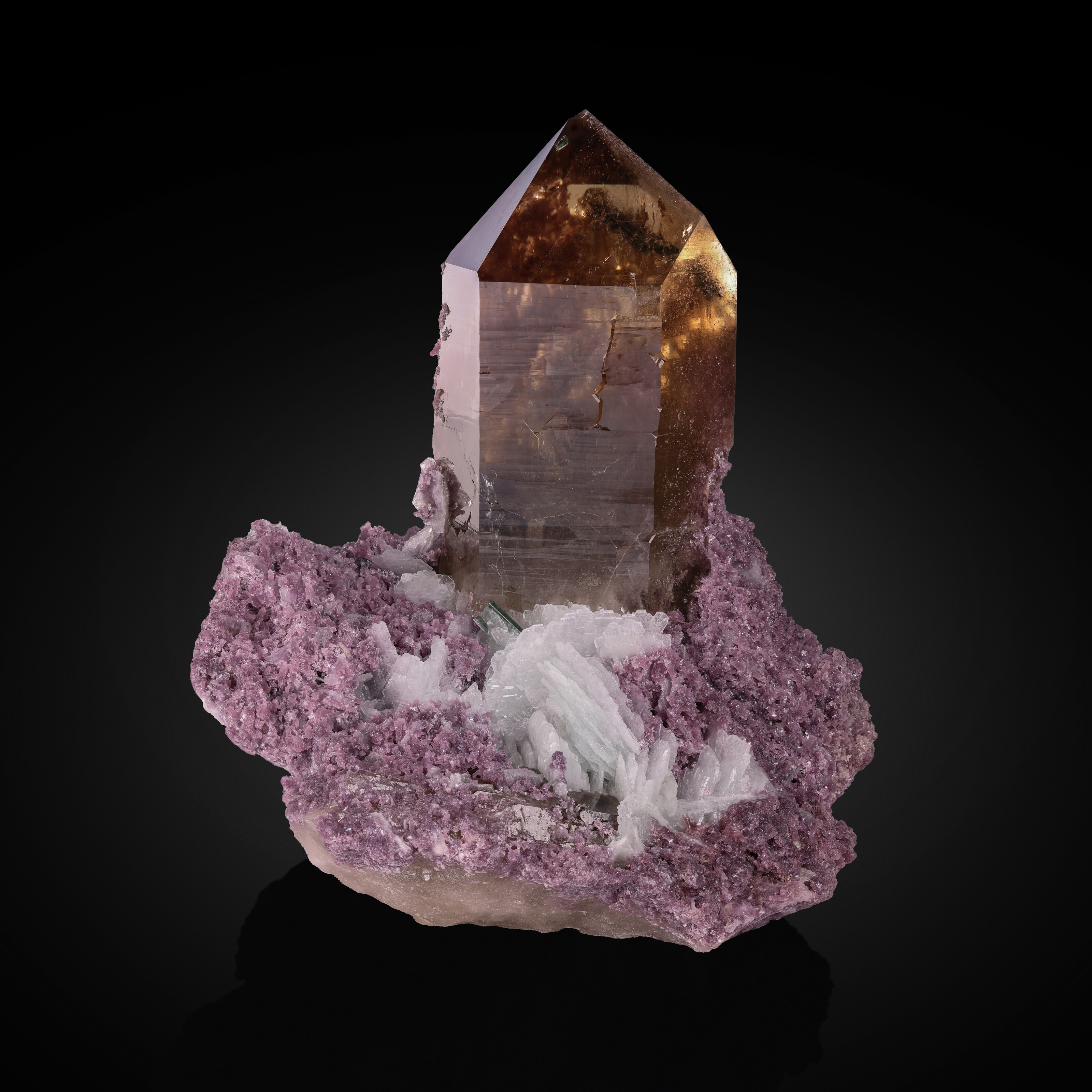 CITRINE QUARTZ WITH TOURMALINE, INSIDE CLEAVELANDITE AND LEPIDOLITE
