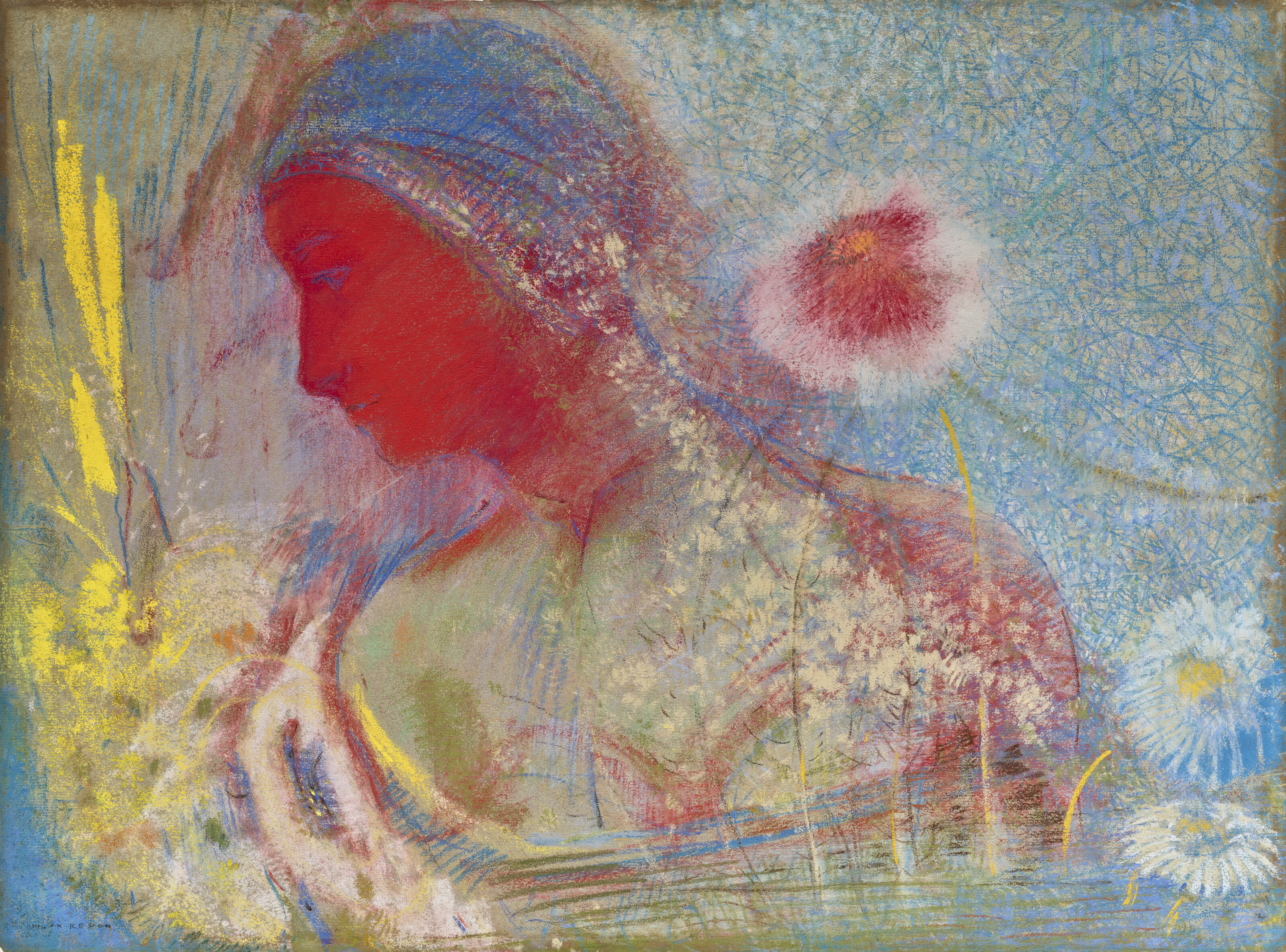 Tête de femme rouge, entourée d'une germination de fleurs