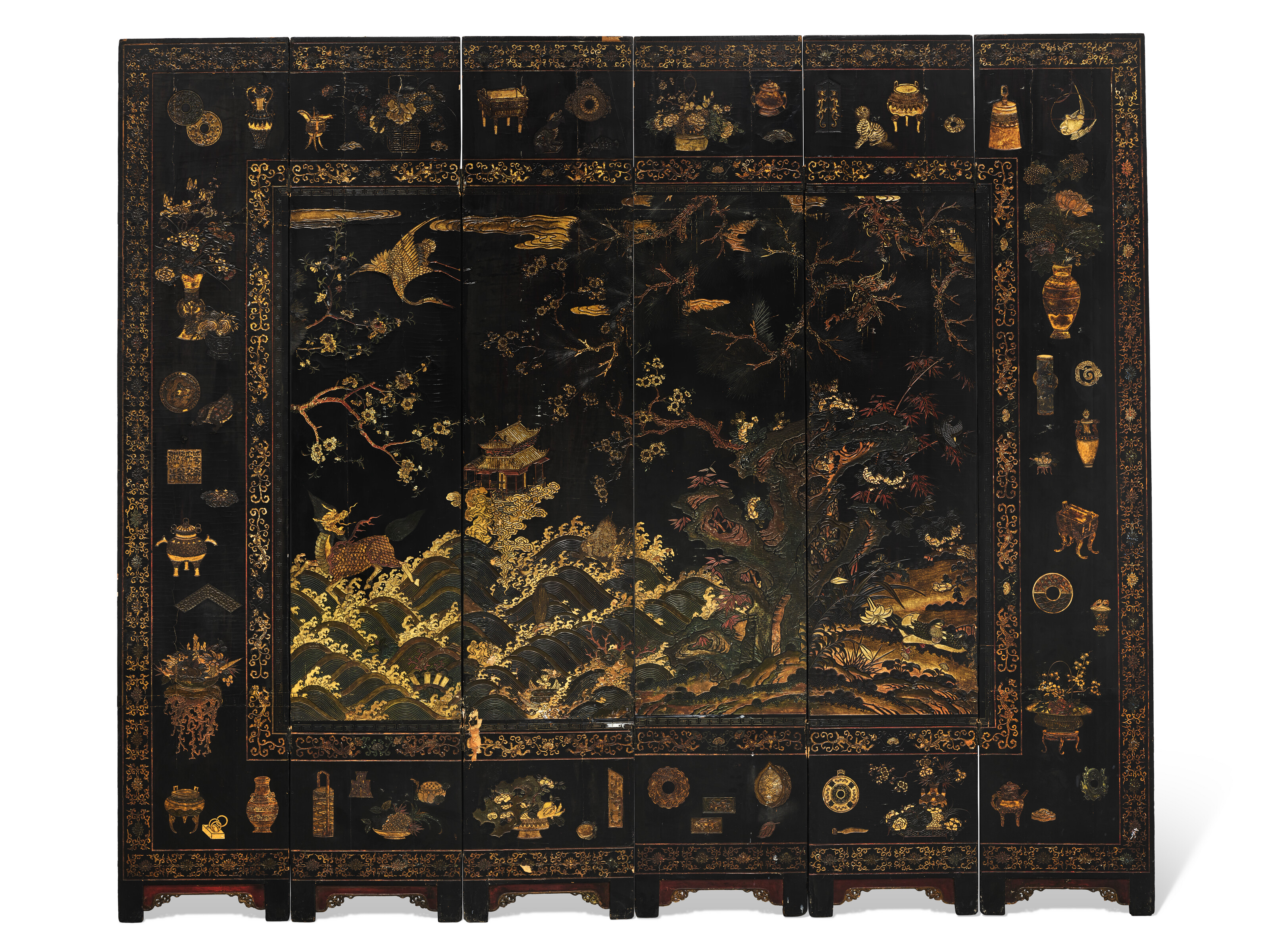 A six-leaf Coromandel screen, Qing dynasty, 18th century, offered in Collections: Entre Orient et Occident au XVIIIe siecle, regard d'un amateur eclaire and Souvenirs des princes Murat, until 15 April 2025 at Christie's Online