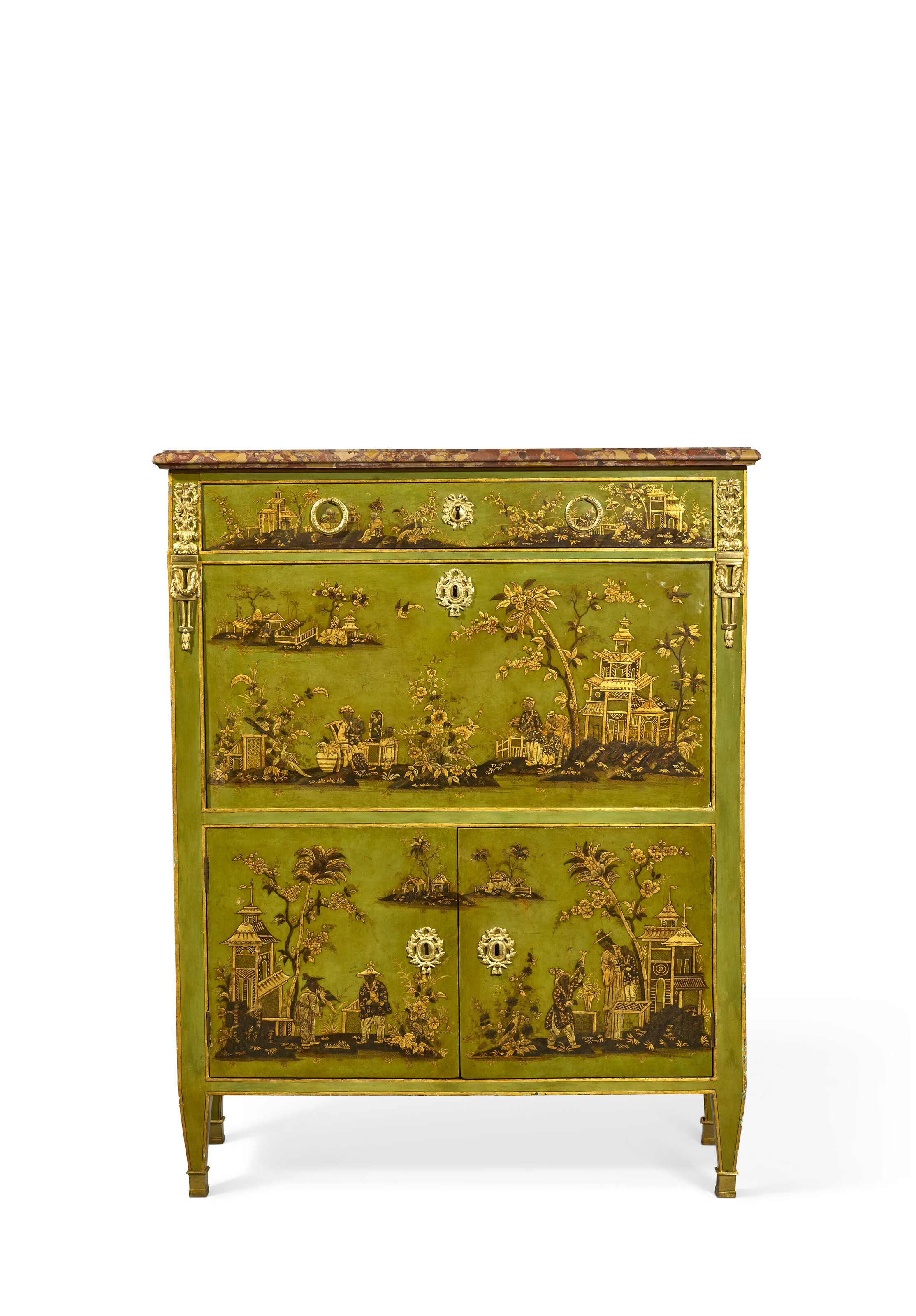 A Louis XVI ormolu-mounted green European lacquered secretaire, stamped by Jean-Louis-Francois Legry, last quarter of the 18th century, offered in Collections: Entre Orient et Occident au XVIIIe siecle, regard d'un amateur eclaire and Souvenirs des princes Murat, until 15 April 2025 at Christie's Online
