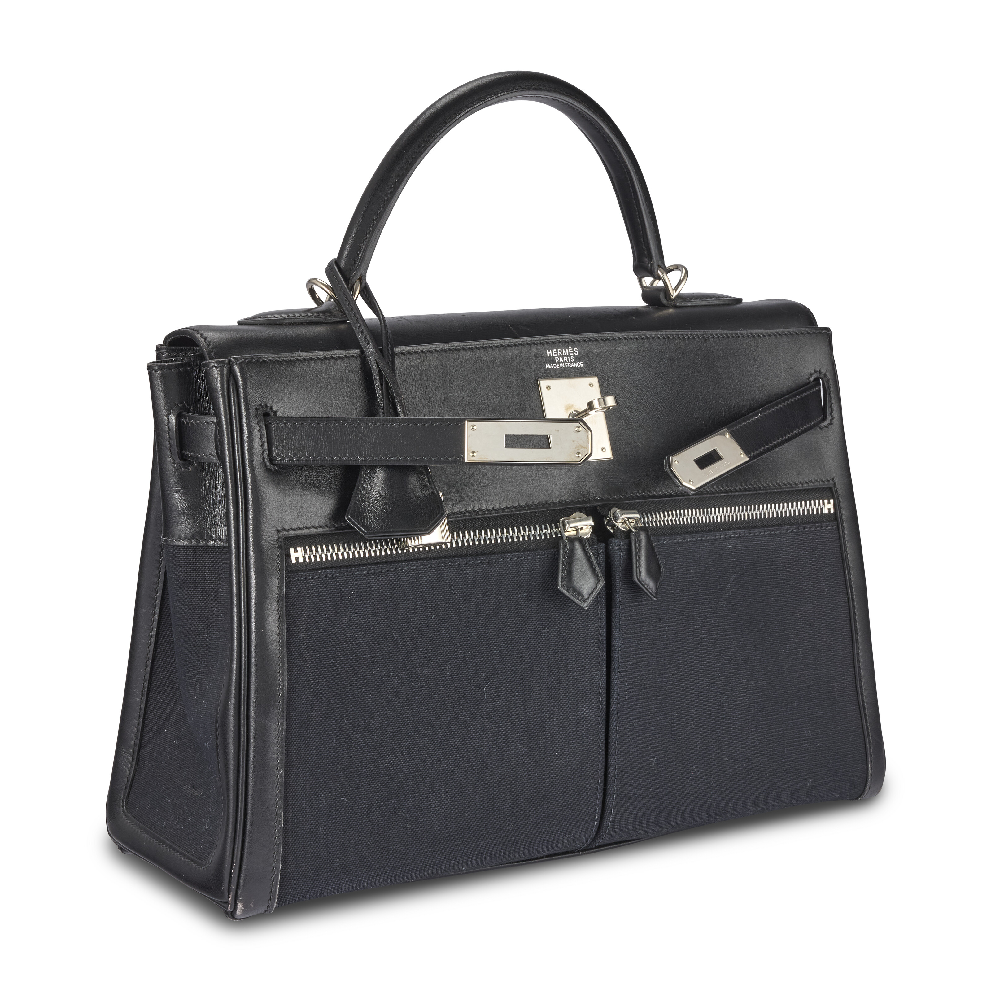 A BLACK CALF BOX LEATHER & TOILE KELLY LAKIS 32 WITH PALLADIUM