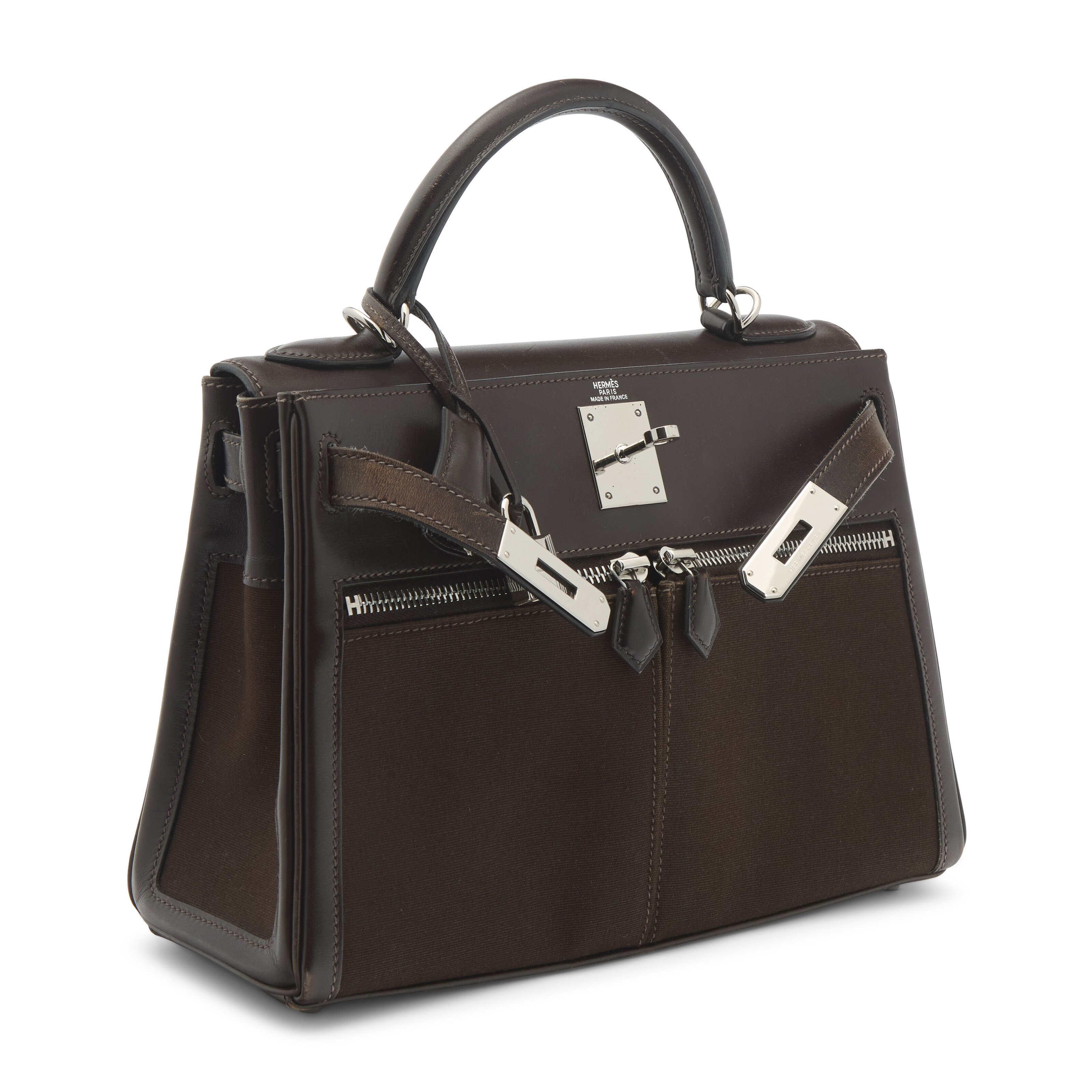 A MARRON FONCÉ CALF BOX LEATHER & TOILE KELLY LAKIS 28 WITH