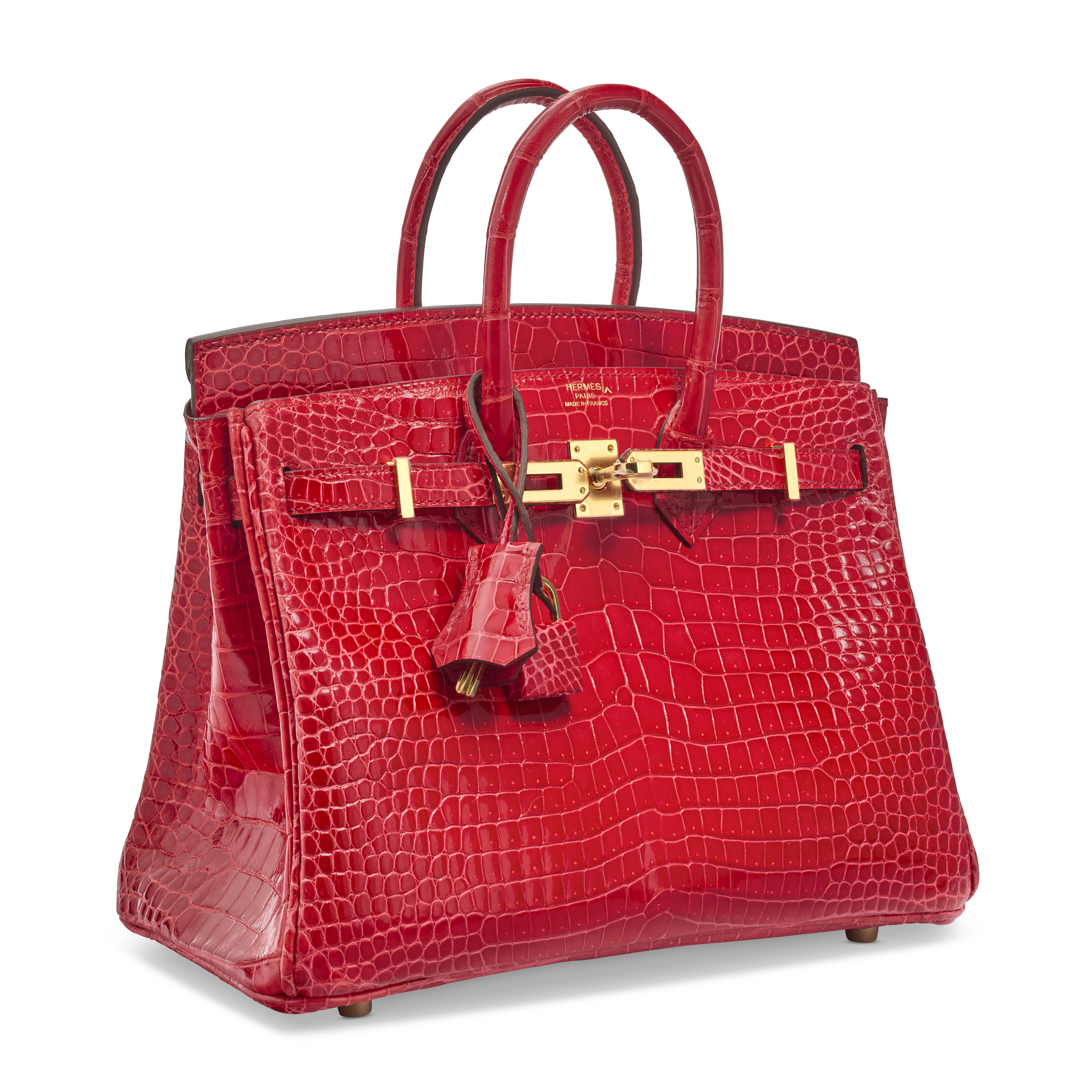 A SHINY ROUGE DE COEUR POROSUS CROCODILE BIRKIN 25 WITH GOLD