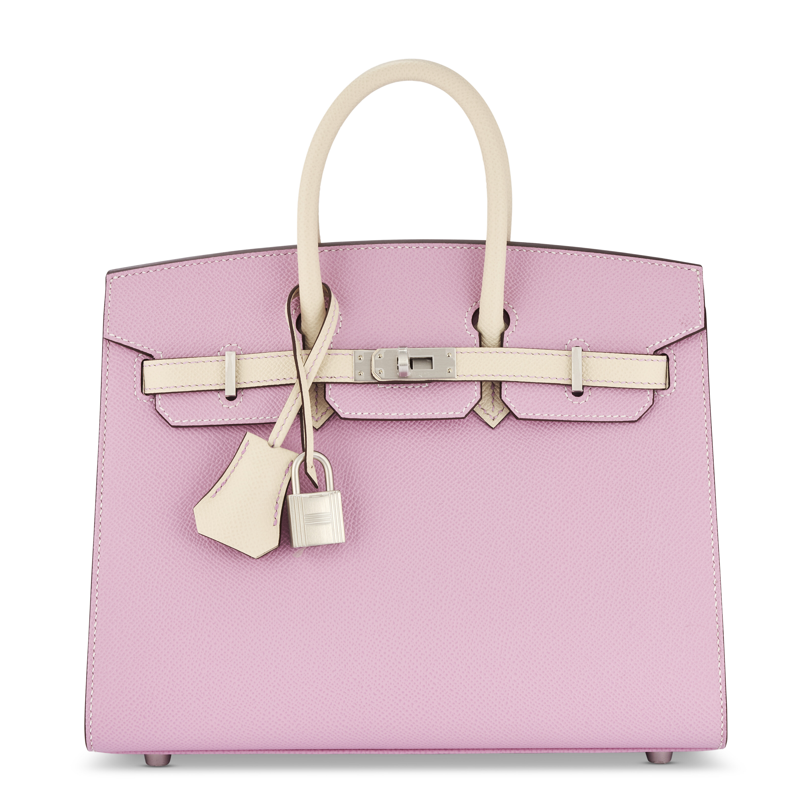 A custom Mauve Sylvestre and Craie Epsom leather Sellier Birkin 25 with brushed palladium hardware, Hermes, 2024, offered in Handbags Online: The Paris Edit featuring Unlocking The Orange Dream Part II, until 29 April 2025 at Christie's Online