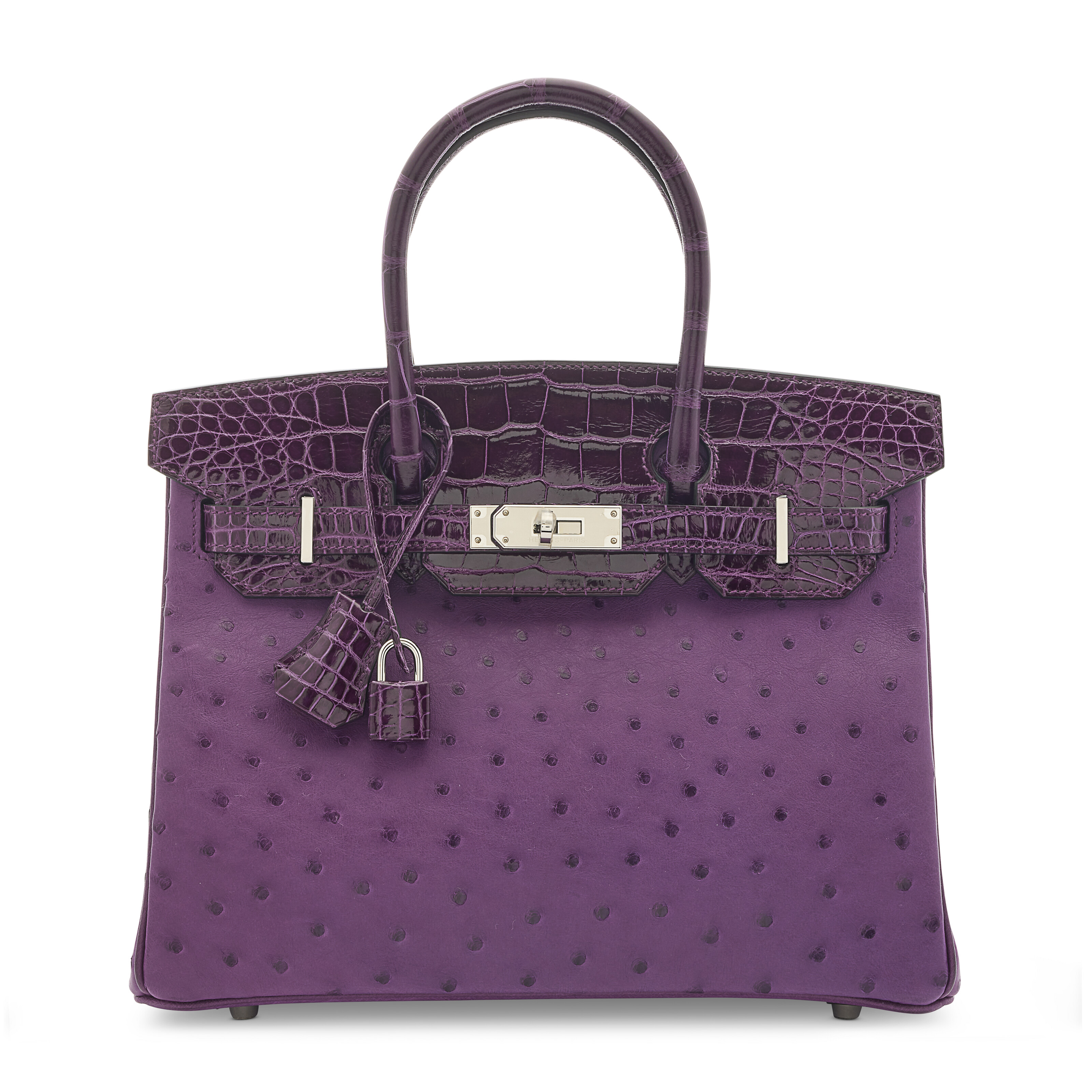 A limited edition Shiny Cassis alligator and Violine ostrich Touch Birkin 30 with palladium hardware, Hermes, 2021, offered in Handbags Online: The Paris Edit featuring Unlocking the Orange Dream Part II, until 29 April 2025 at Christie's Online
