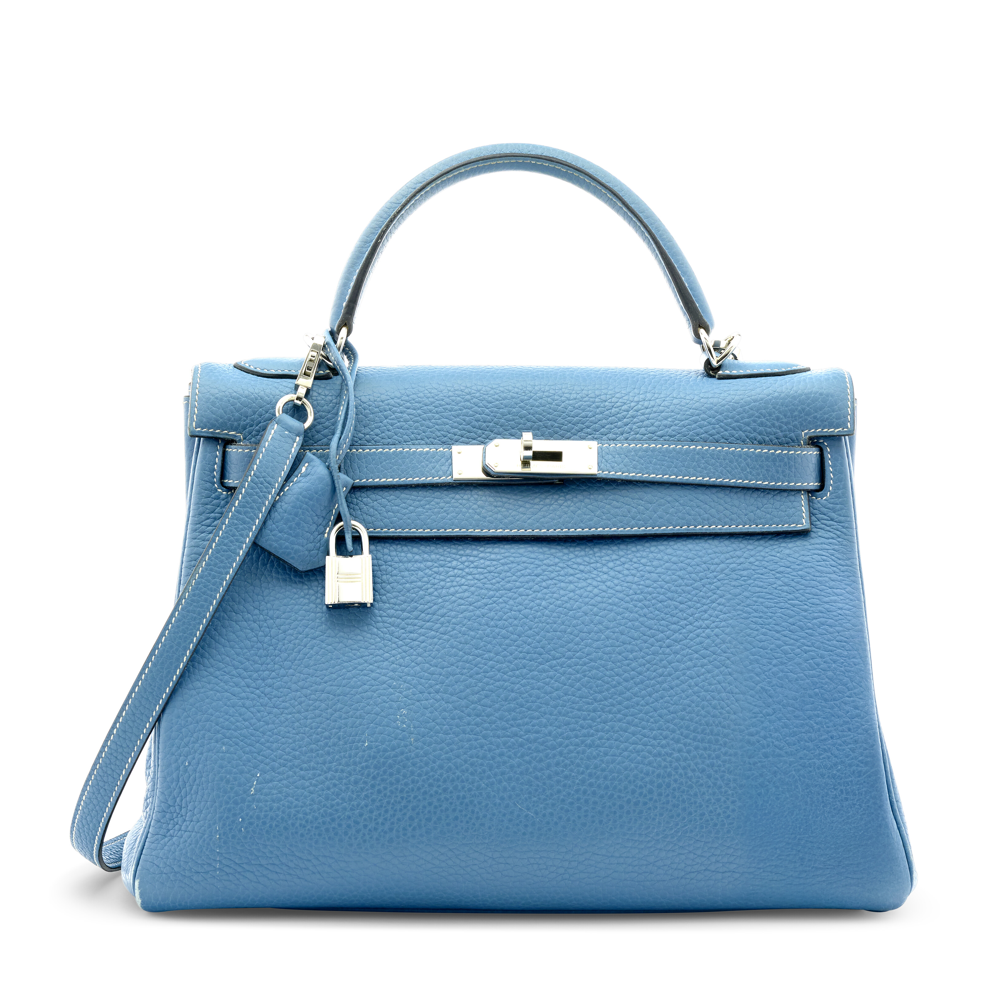 A BLEU JEAN CLÉMENCE LEATHER RETOURNÉ KELLY 32 WITH PALLADIUM