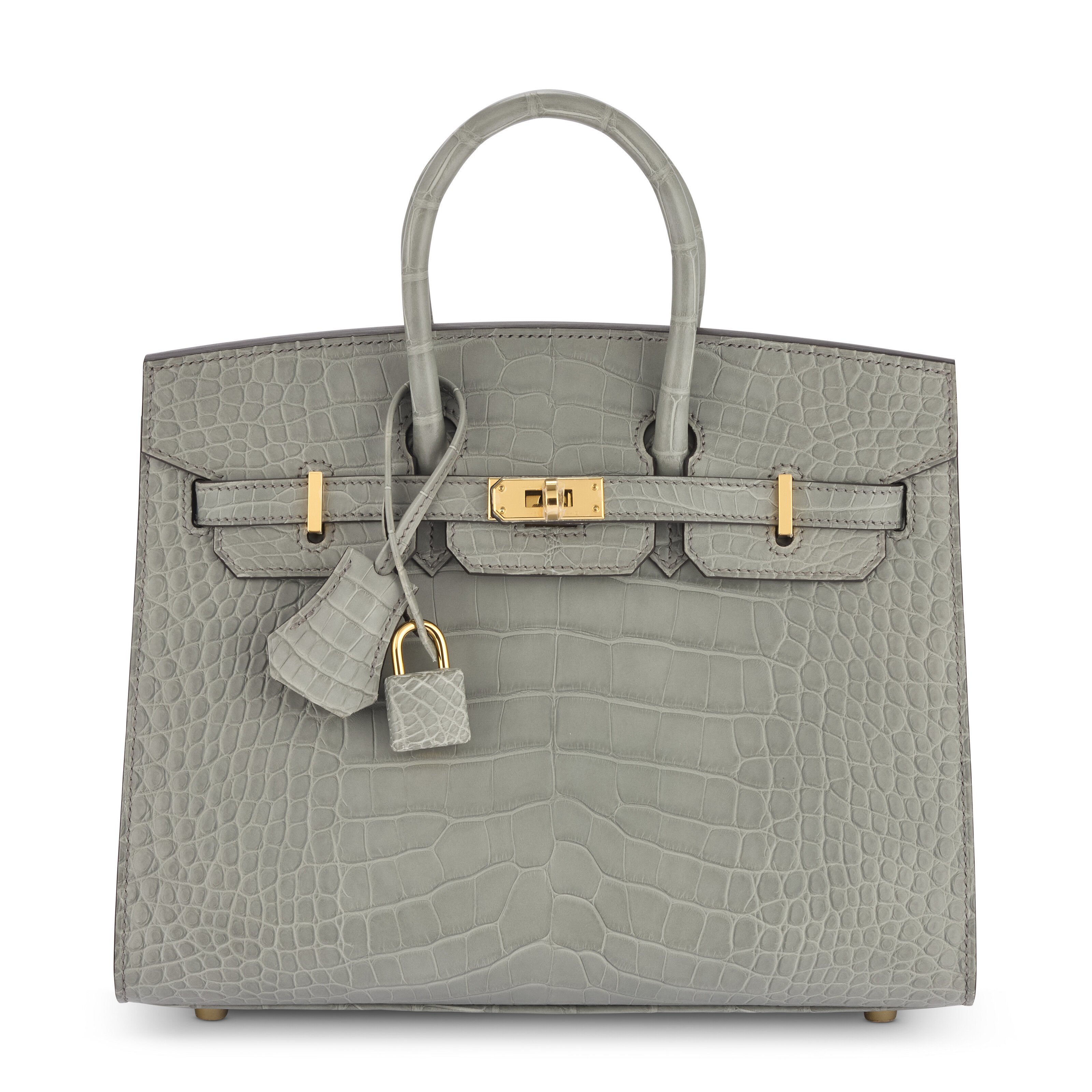 A MATTE GRIS CIMENT ALLIGATOR SELLIER BIRKIN 25 WITH GOLD HARDWARE