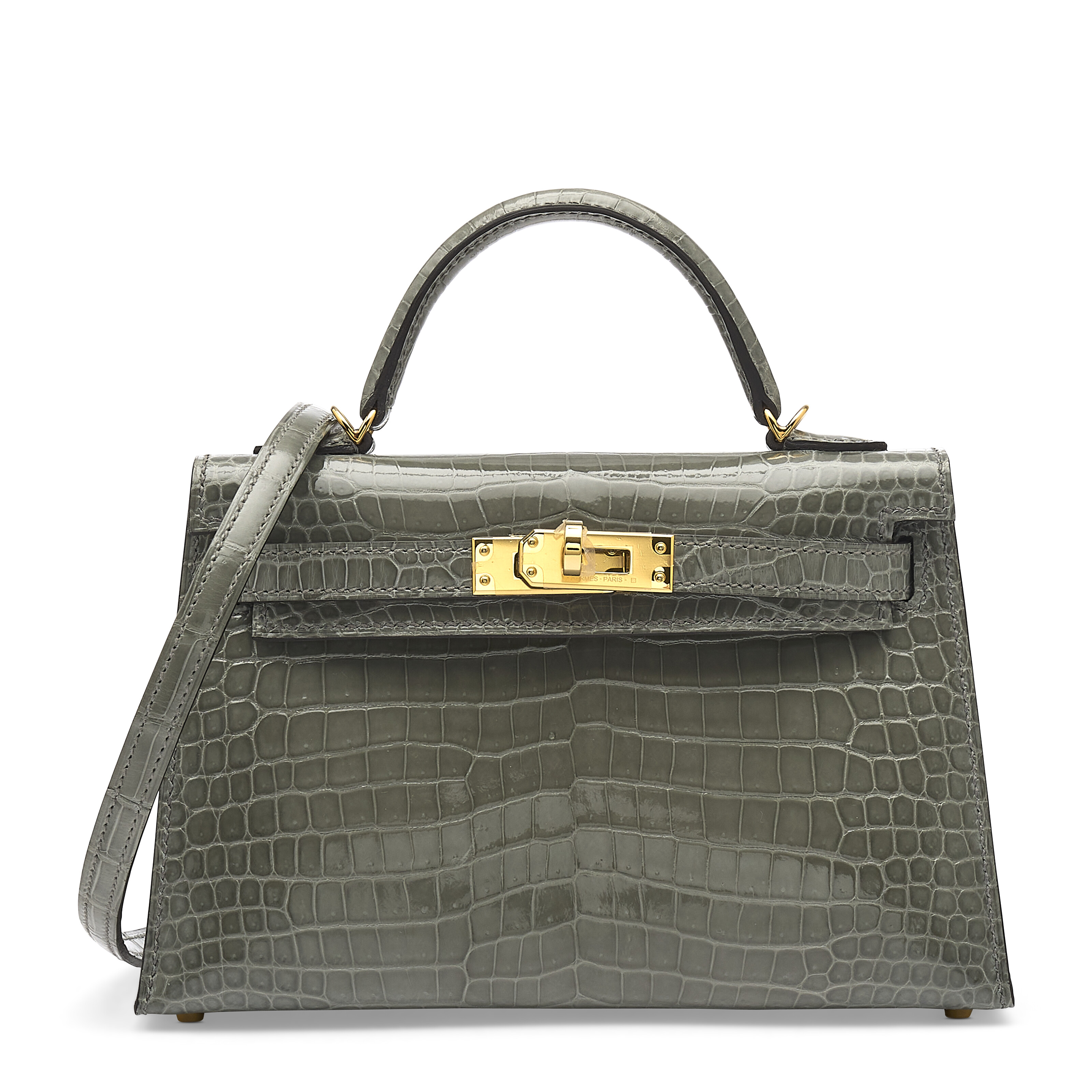 A SHINY GRIS CIMENT POROSUS CROCODILE MINI KELLY 20 II WITH GOLD
