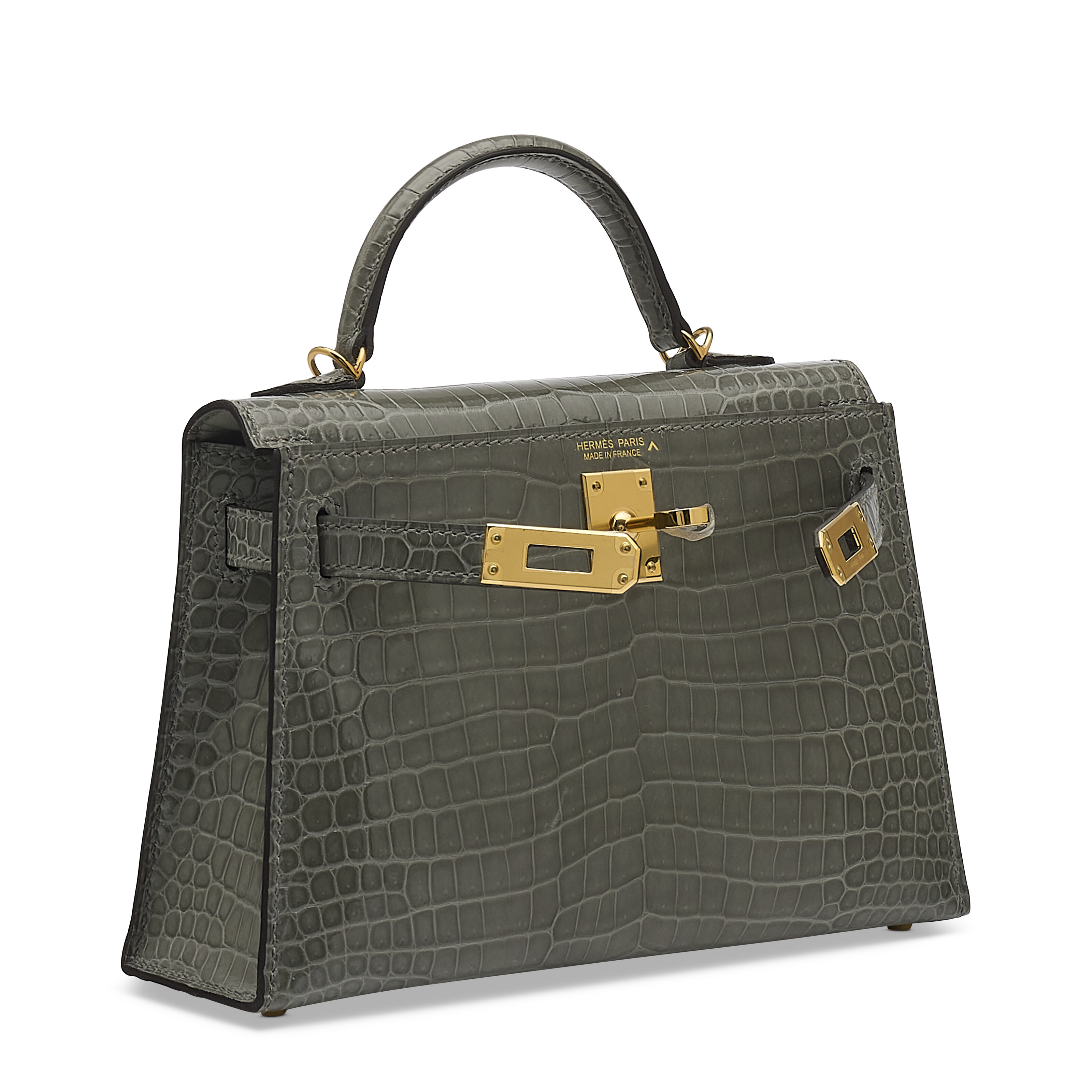 A SHINY GRIS CIMENT POROSUS CROCODILE MINI KELLY 20 II WITH GOLD