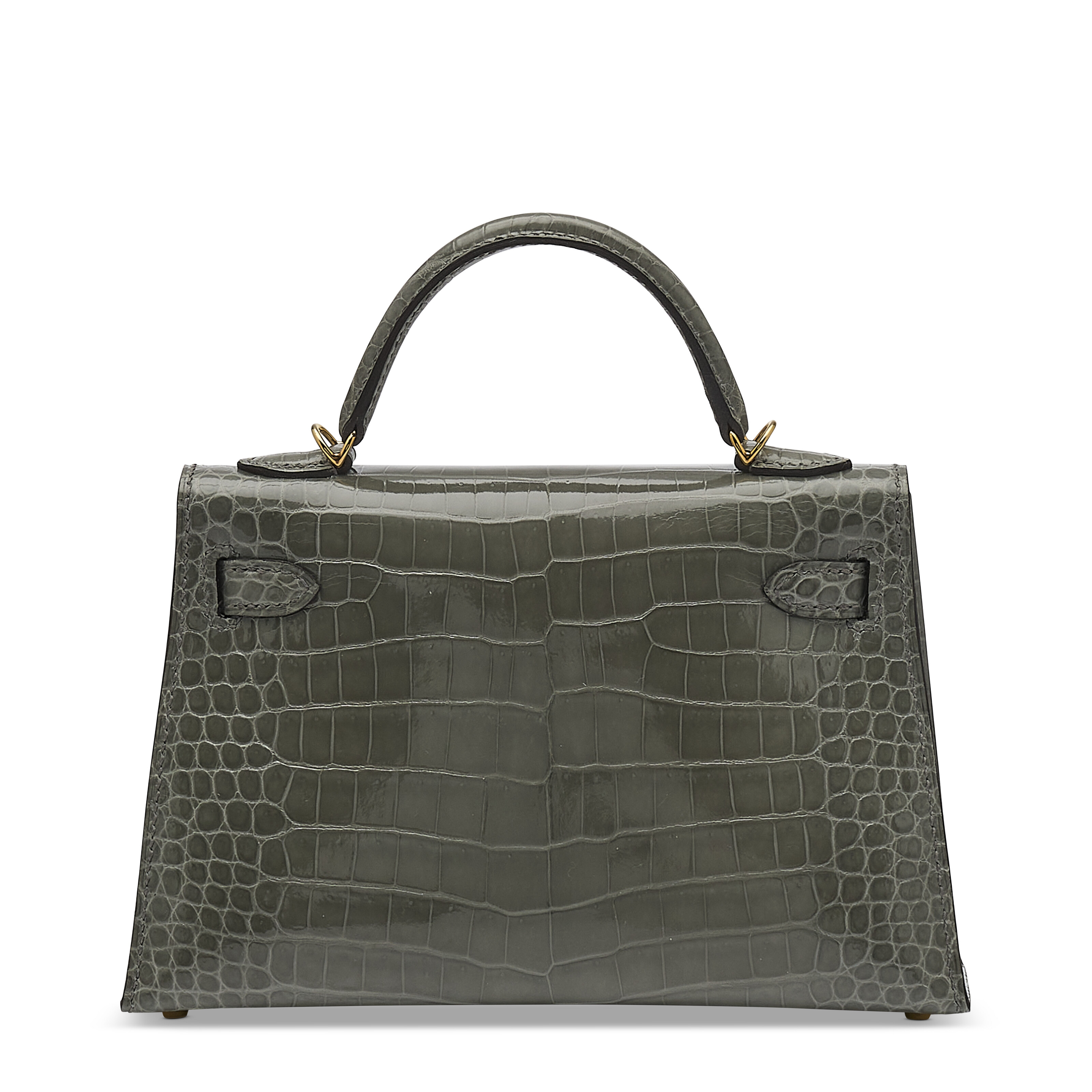 A SHINY GRIS CIMENT POROSUS CROCODILE MINI KELLY 20 II WITH GOLD