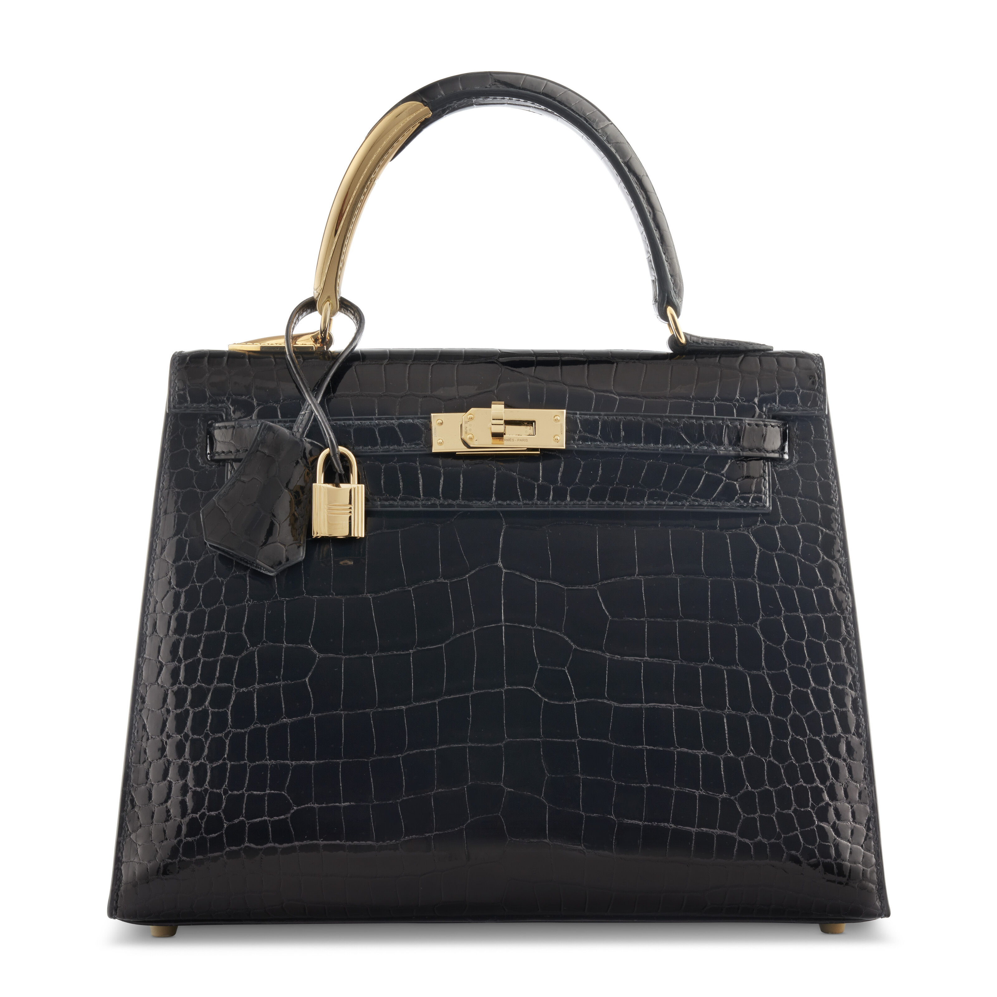 AN EXCEPTIONAL & RARE SHINY BLACK POROSUS CROCODILE SELLIER KELLY