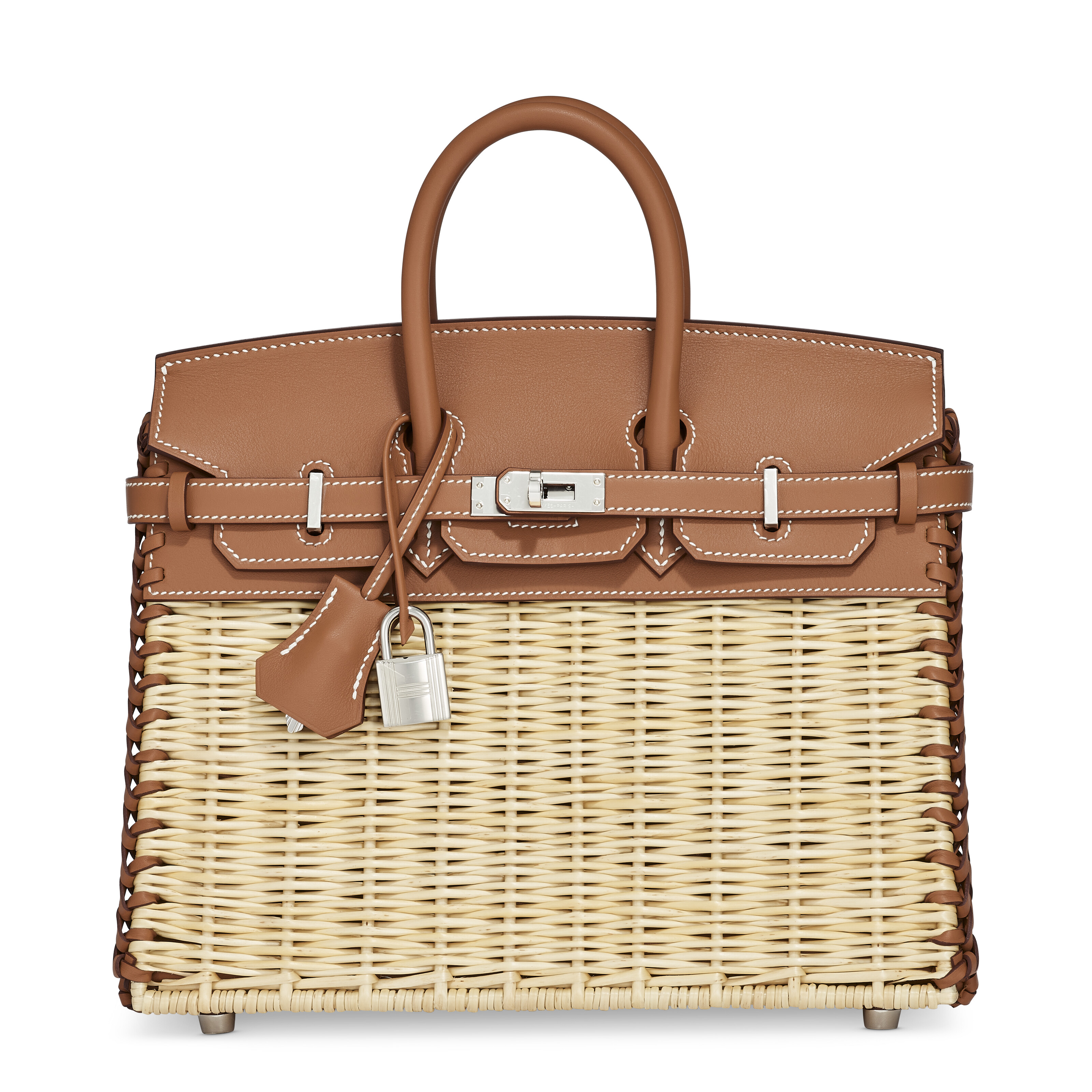 A limited edition Gold Swift leather and Wicker Picnic Birkin 25 with palladium hardware, Hermes, 2024, offered in Handbags Online: The Paris Edit featuring Unlocking The Orange Dream Part II, until 29 April 2025 at Christie's Online