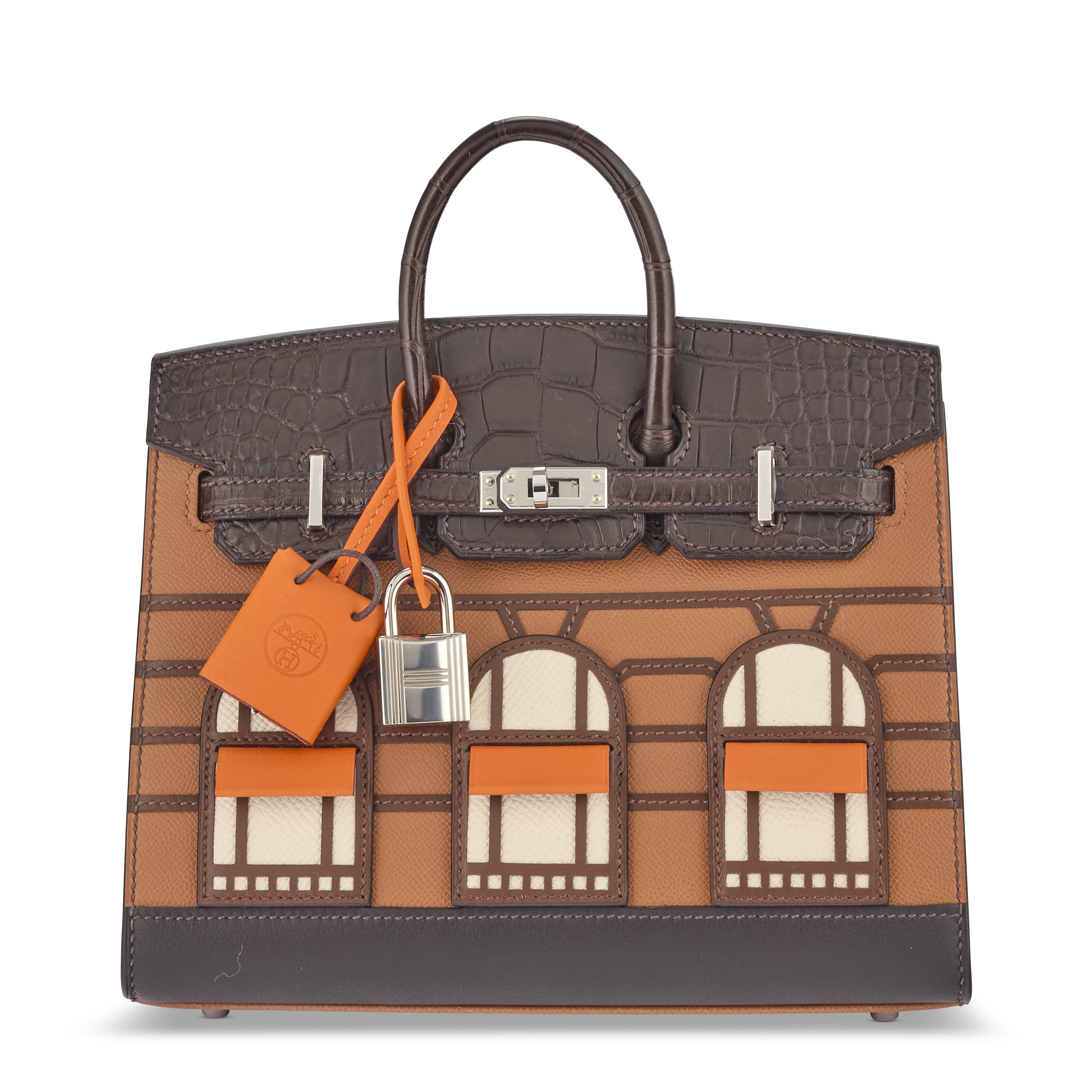 A rare, Matte Ebene alligator, Gold Madame, Orange H Swift, Brulee and Ebene Sombrero, Craie Epsom leather Day Faubourg Sellier Birkin 20 with palladium hardware, Hermes, 2020, offered in Handbags Online: The Paris Edit featuring Unlocking the Orange Dream Part II, until 29 April 2025 at Christie's Online