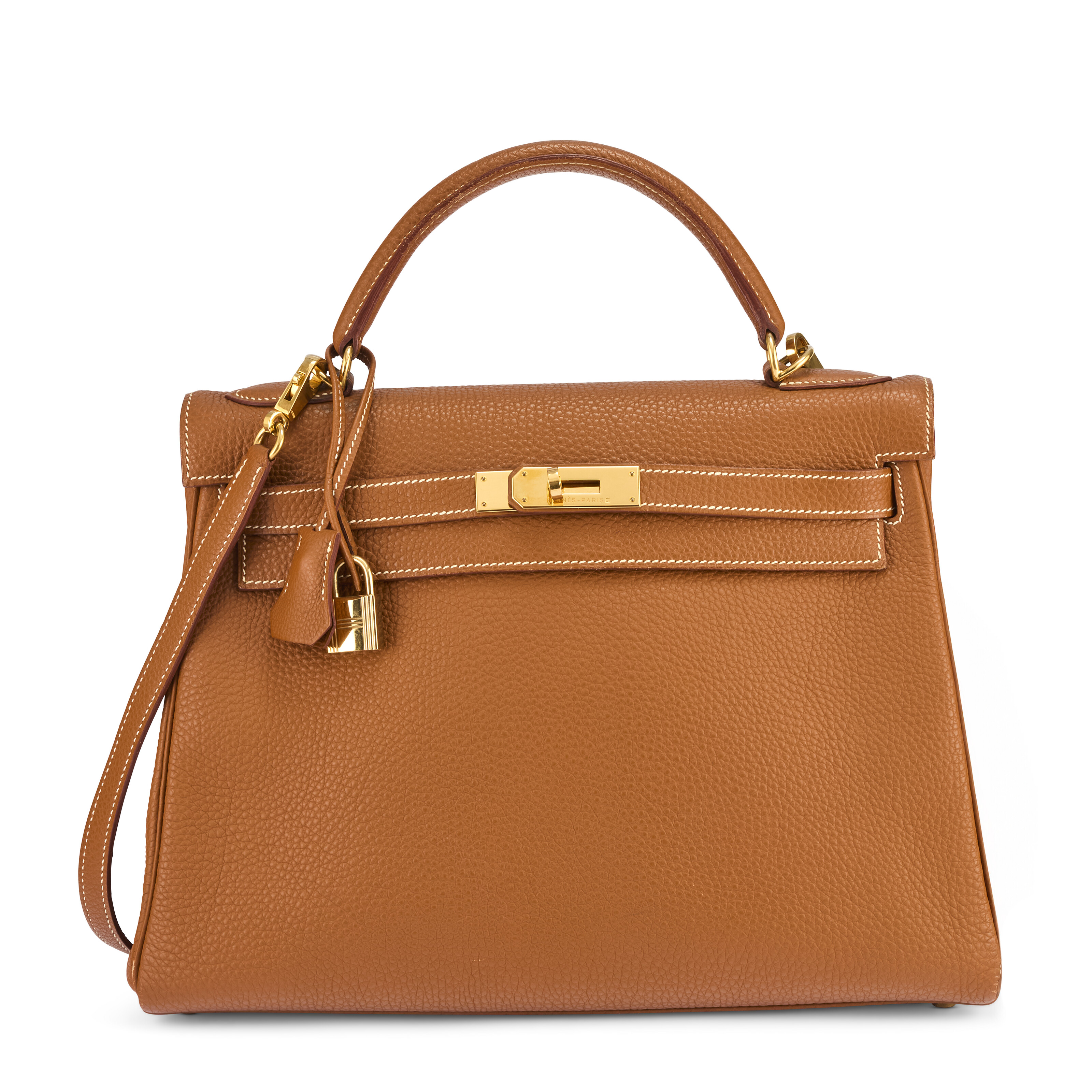 A COGNAC CLÉMENCE LEATHER RETOURNÉ KELLY 32 WITH GOLD HARDWARE