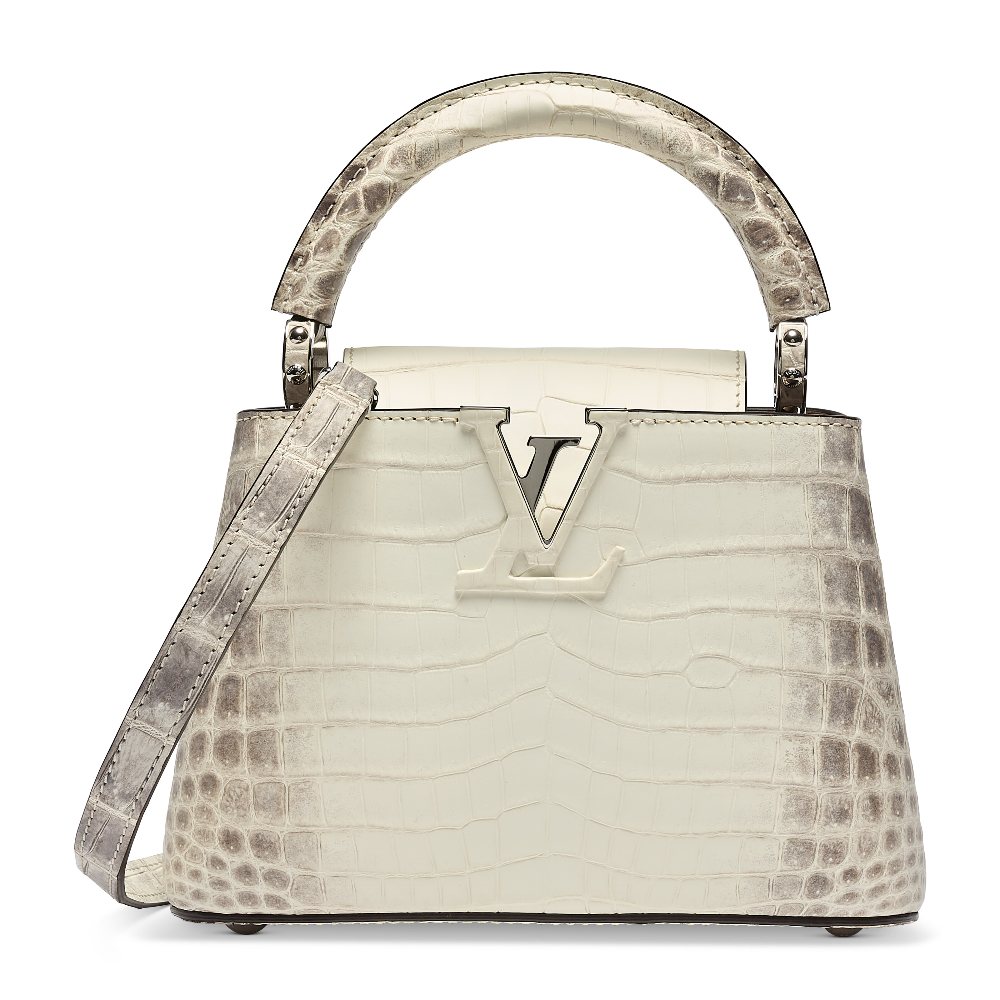 Louis Vuitton. A matte white and silver Himalaya niloticus crocodile Mini Capucines with silver hardware, 2023, sold for €21,590 on 13 November 2025 at Christie's Online