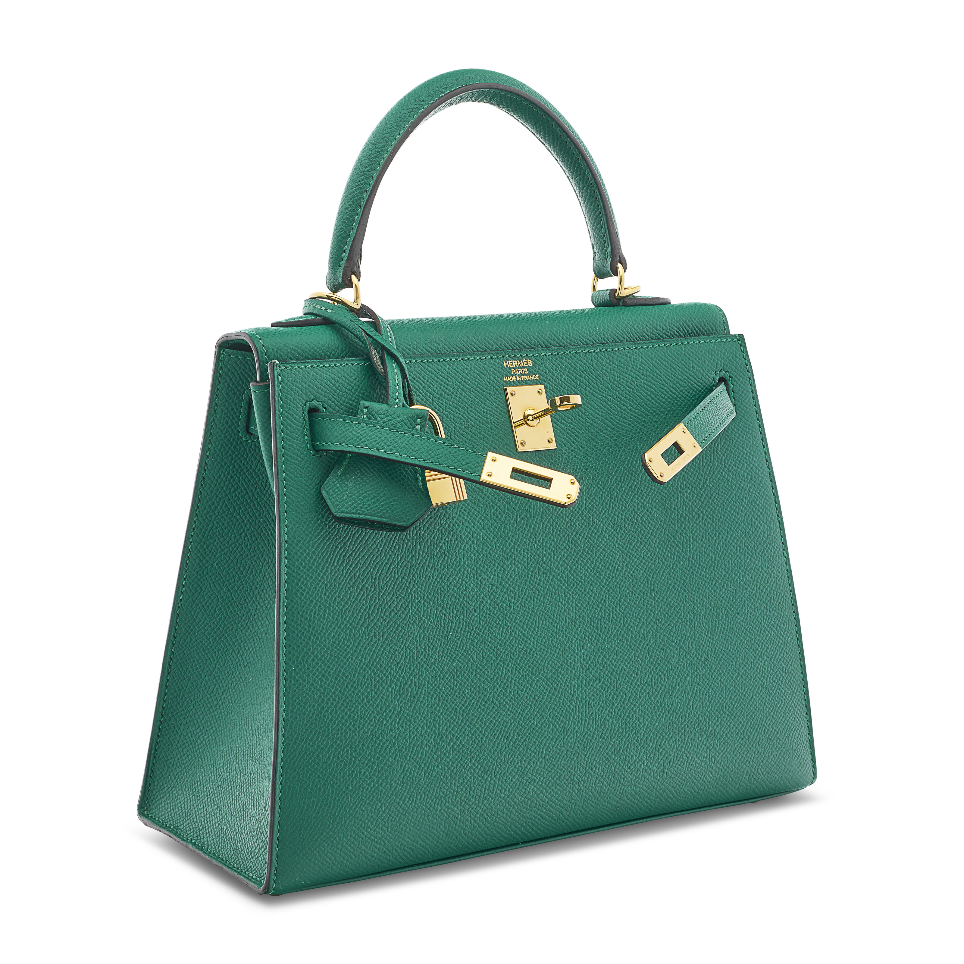 A MALACHITE EPSOM LEATHER SELLIER KELLY 25 WITH GOLD HARDWARE