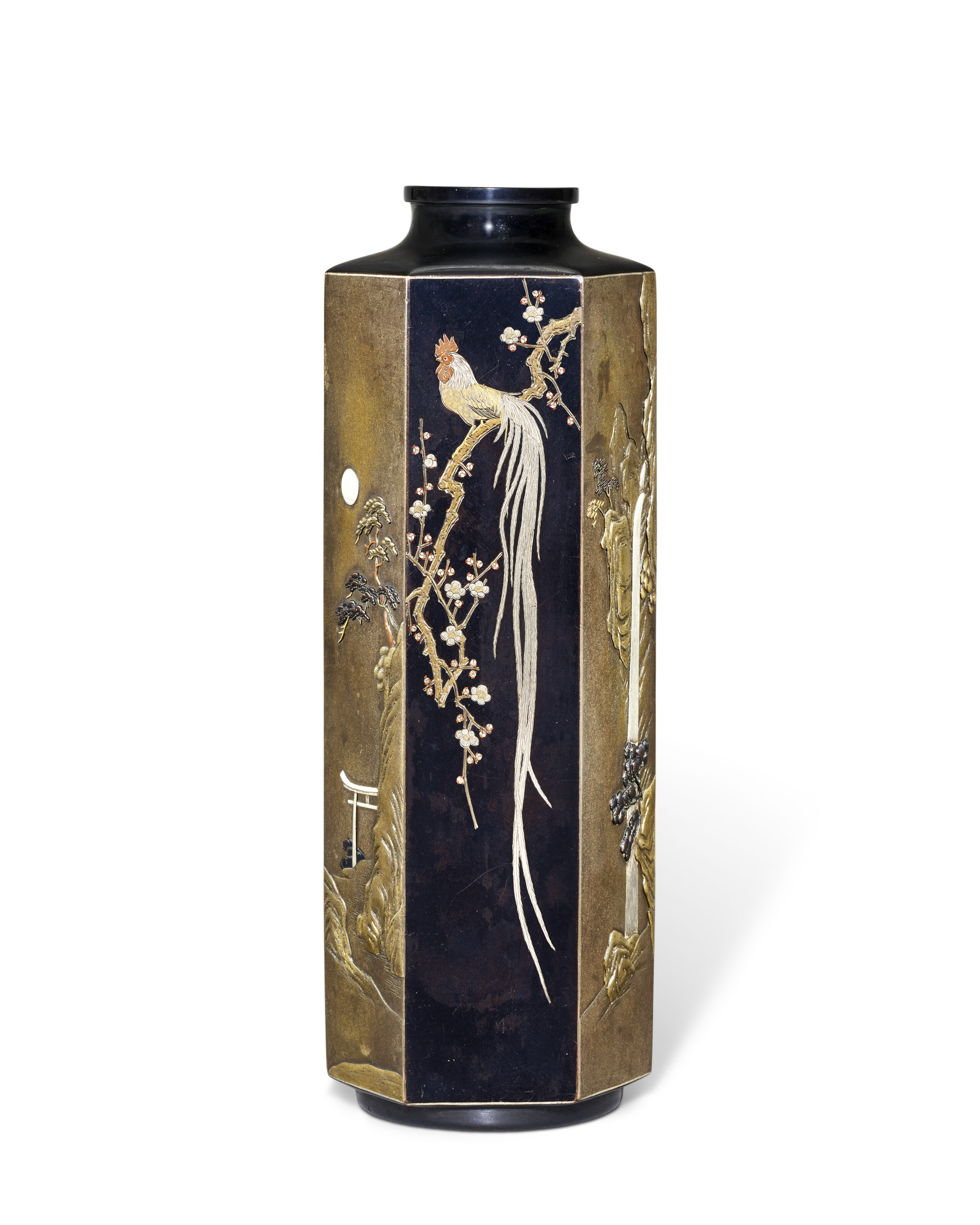【海外 正規品】 A MIXED-METAL-INLAID MEIJI JAPAN, VASE, HEXAGONAL BRONZE 版画