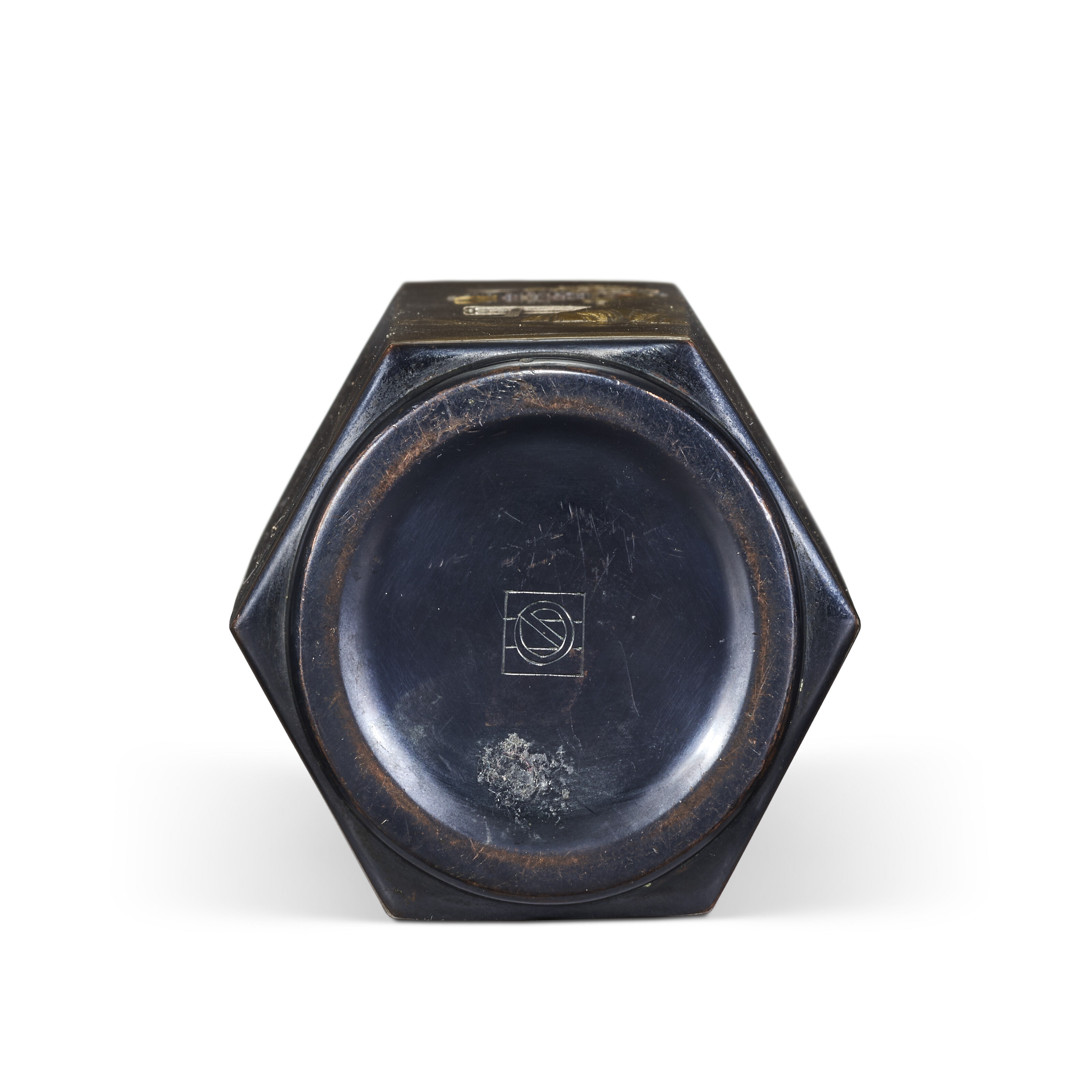 日本明治时代十九世纪铜嵌金属六角瓶, JAPAN, MEIJI PERIOD, LATE 19TH