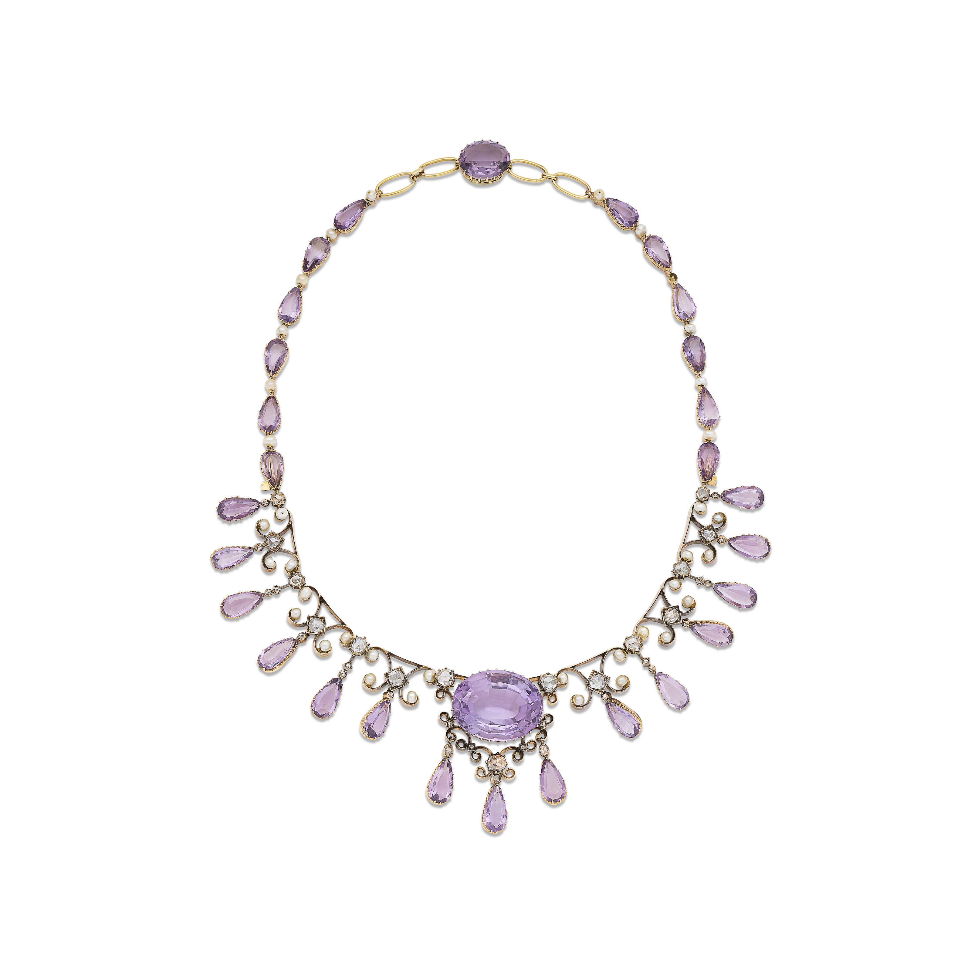 COLLIER TRANSFORMABLE, BROCHE TRANSFORMABLE ET PAIRE DE BOUCLES D'OREILLES AMÉTHYSTES, PERLES ET DIAMANTS FIN DU XIXe SIÈCLE image 2