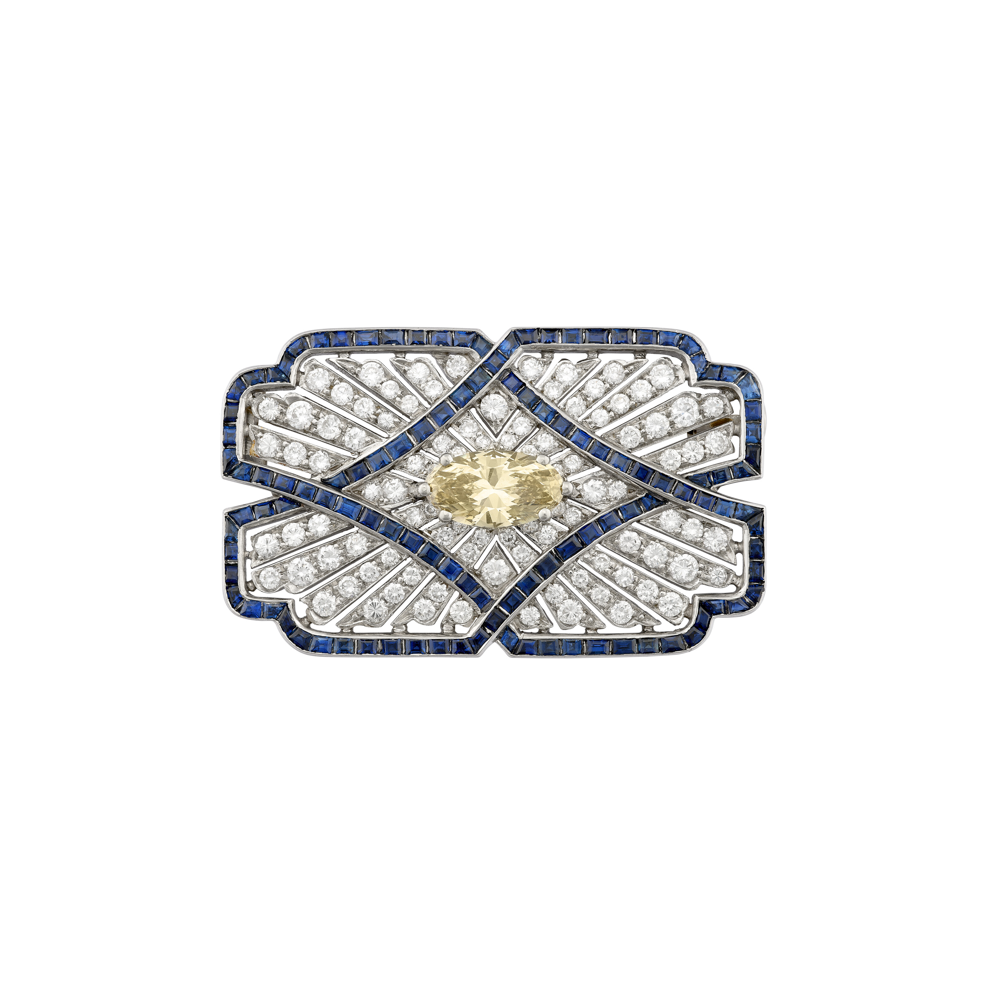 CARTIER BROCHE ART DÉCO DIAMANT DE COULEUR, SAPHIRS ET DIAMANTS