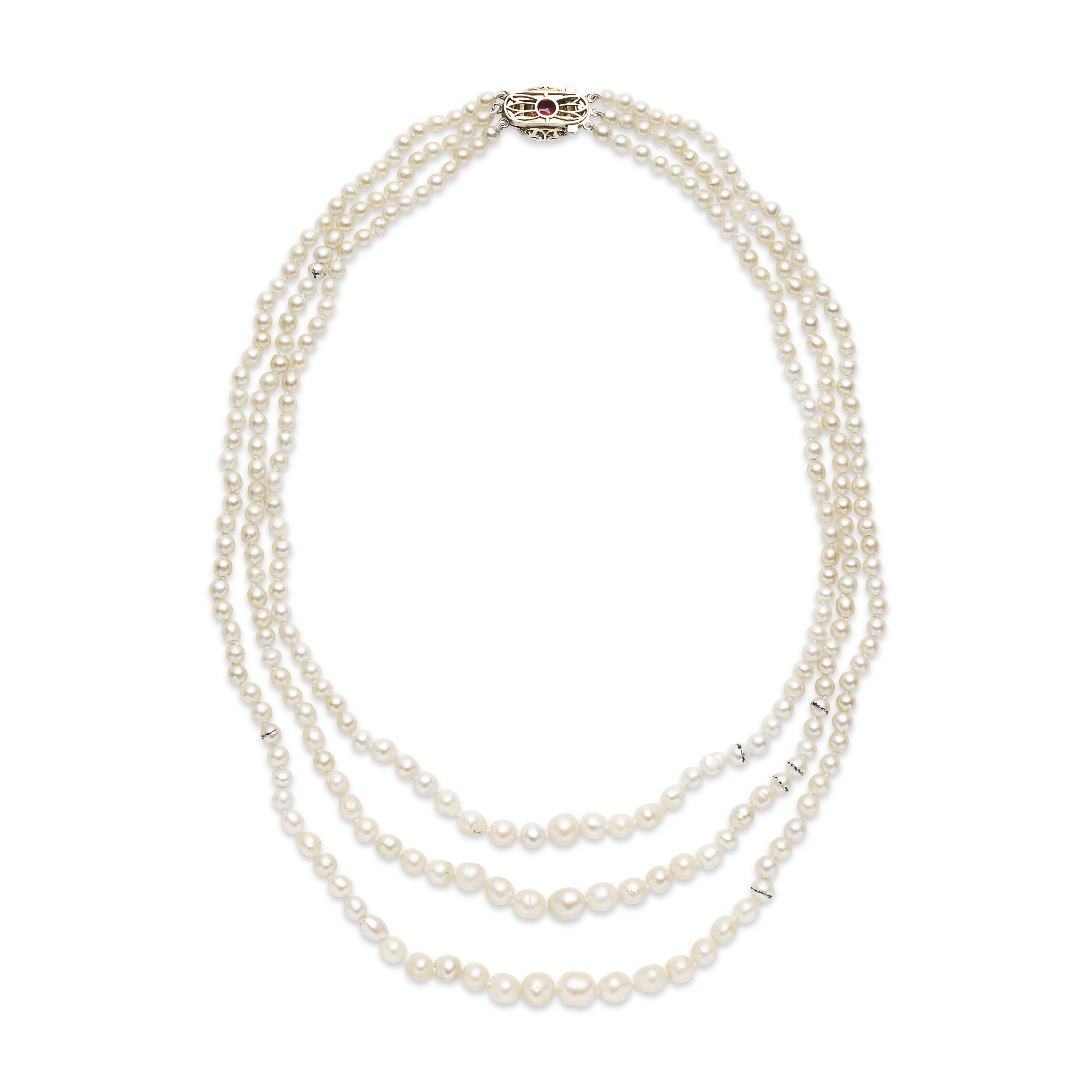 COLLIER 284 PERLES FINES ET 5 PERLES DE CULTURE, RUBIS SYNTHÉTIQUE ET DIAMANTS image 2