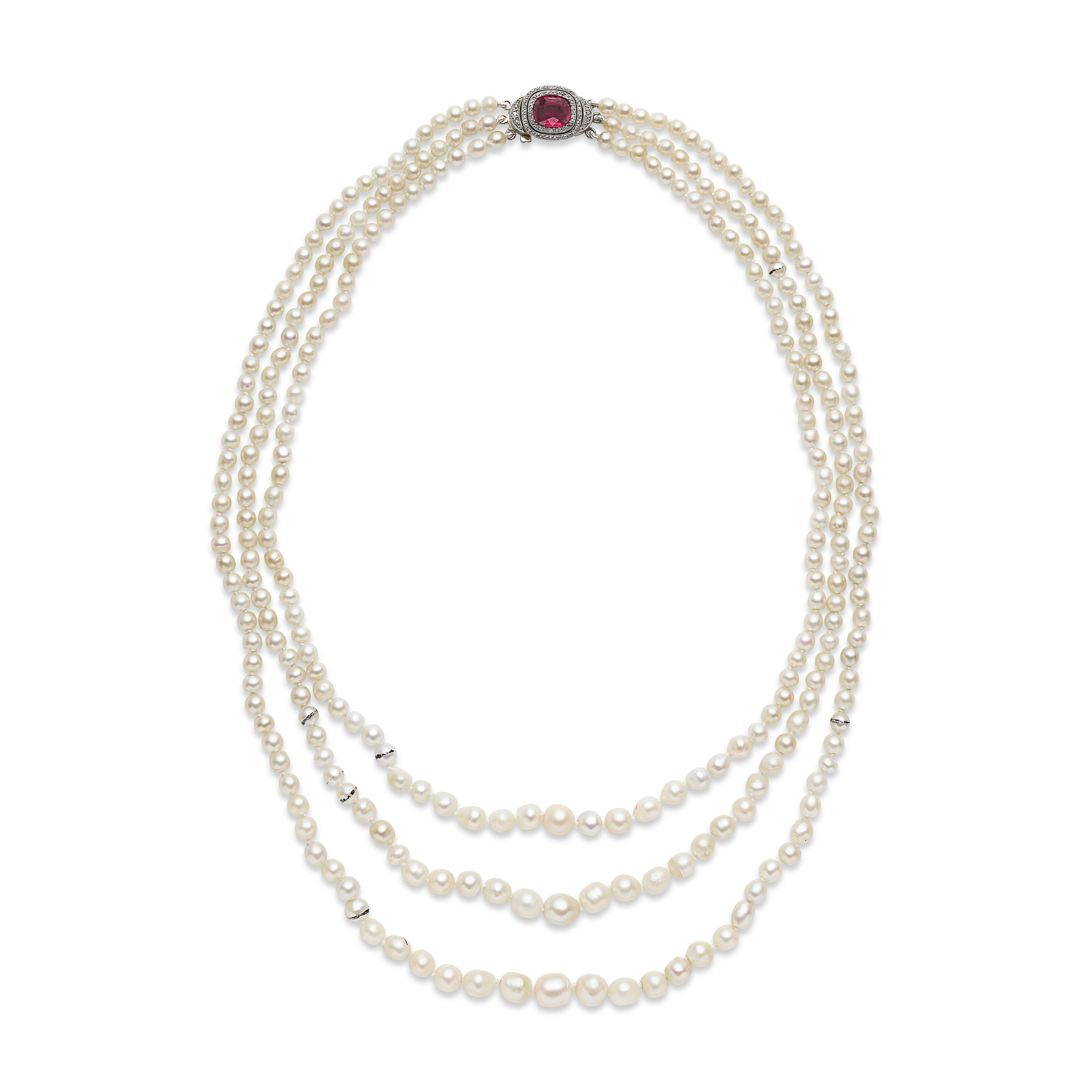 COLLIER 284 PERLES FINES ET 5 PERLES DE CULTURE, RUBIS SYNTHÉTIQUE ET DIAMANTS image 4