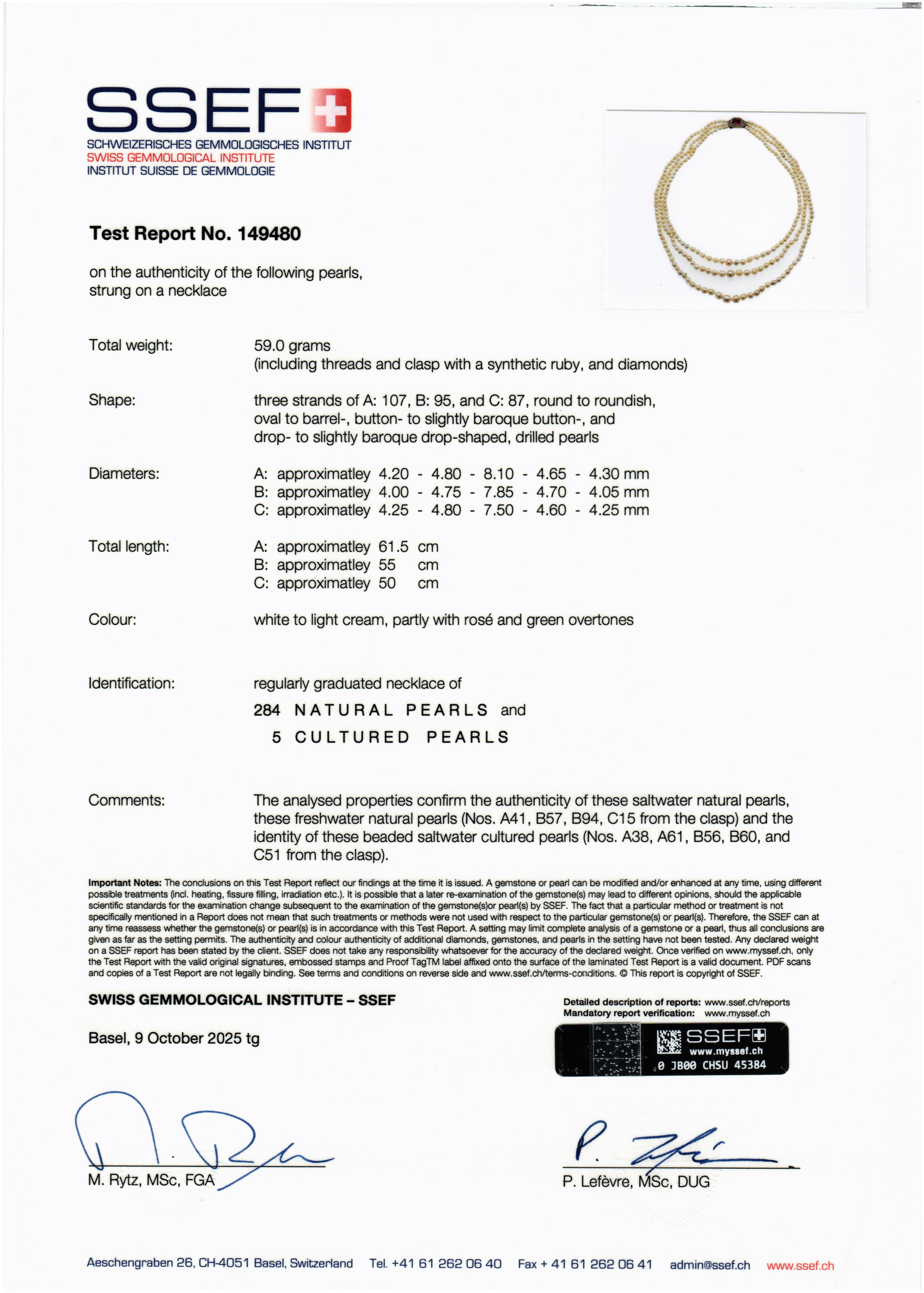 COLLIER 284 PERLES FINES ET 5 PERLES DE CULTURE, RUBIS SYNTHÉTIQUE ET DIAMANTS image 6