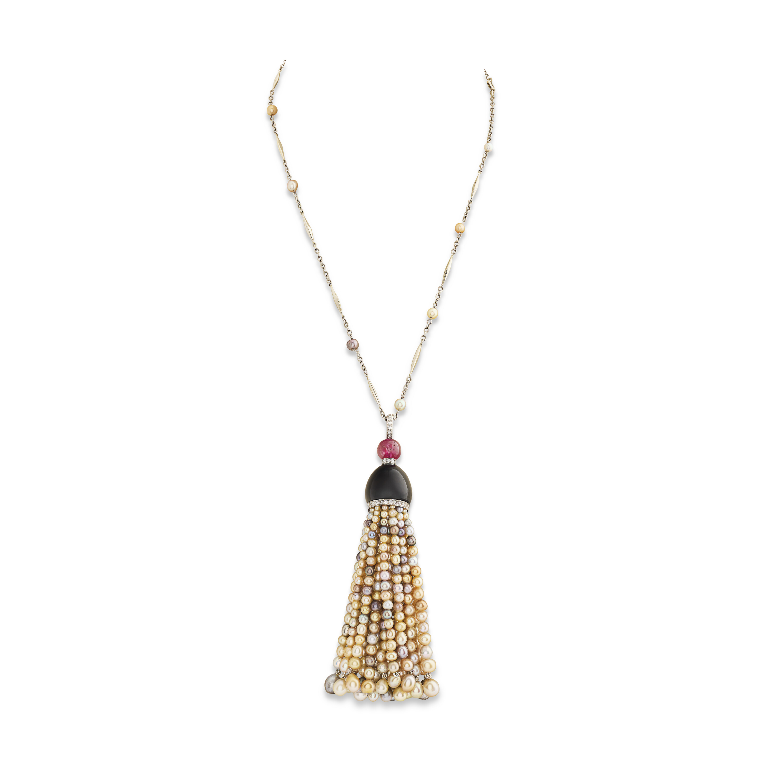 COLLIER PENDENTIF PERLES, ONYX, RUBIS ET DIAMANTS