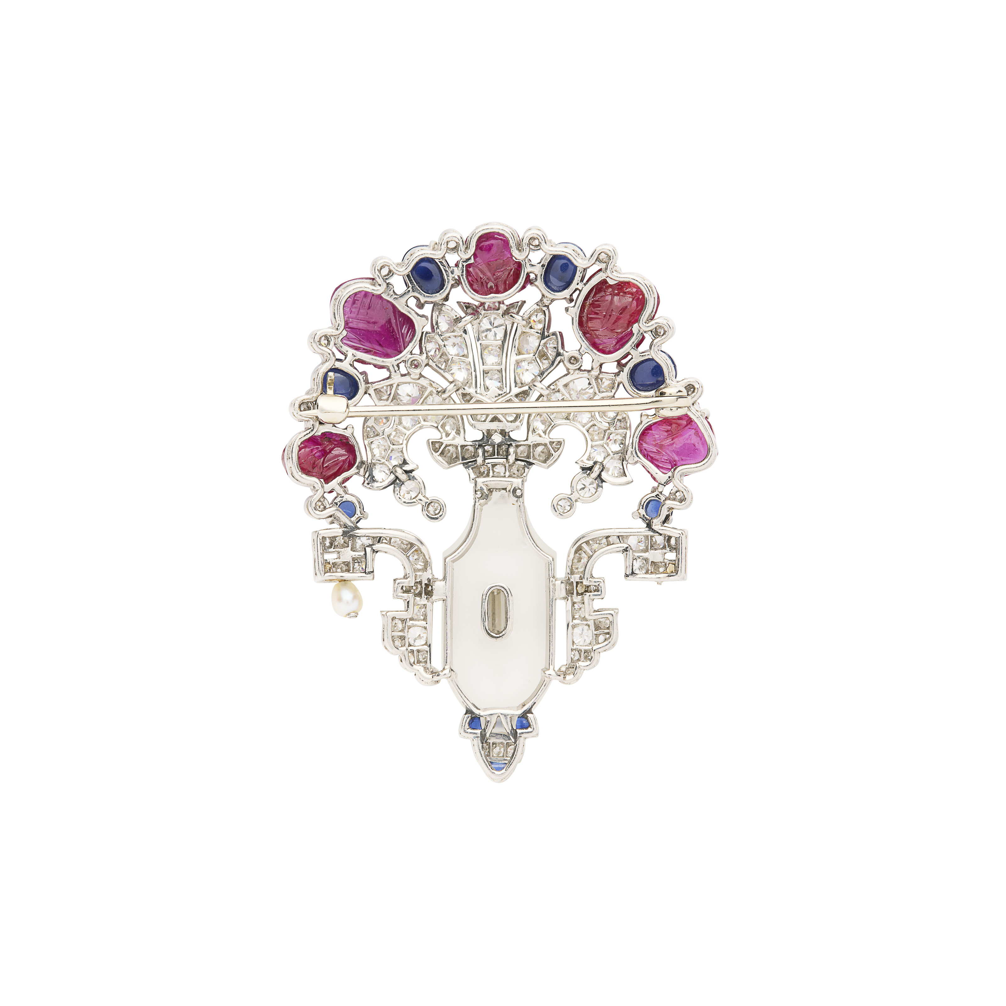 NO RESERVE - BROCHE ART DÉCO CRISTAL DE ROCHE, RUBIS, SAPHIRS, PERLE ET DIAMANTS image 2