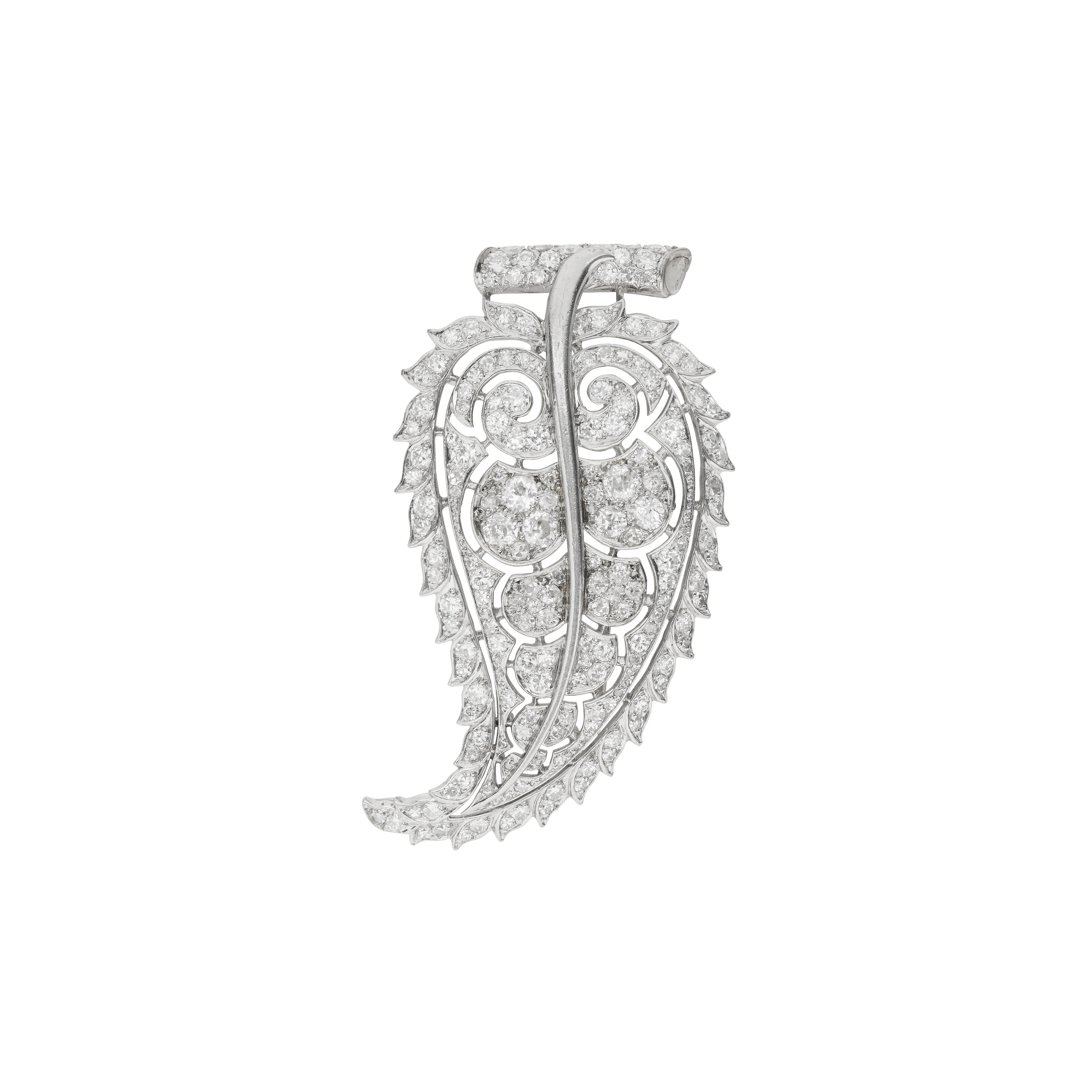 Rene Boivin. A diamond 'Feuille persane' brooch, circa 1935, after a drawing by Suzanne Belperron, offered in Joaillerie Paris until 17 December 2025 at Christie's Online