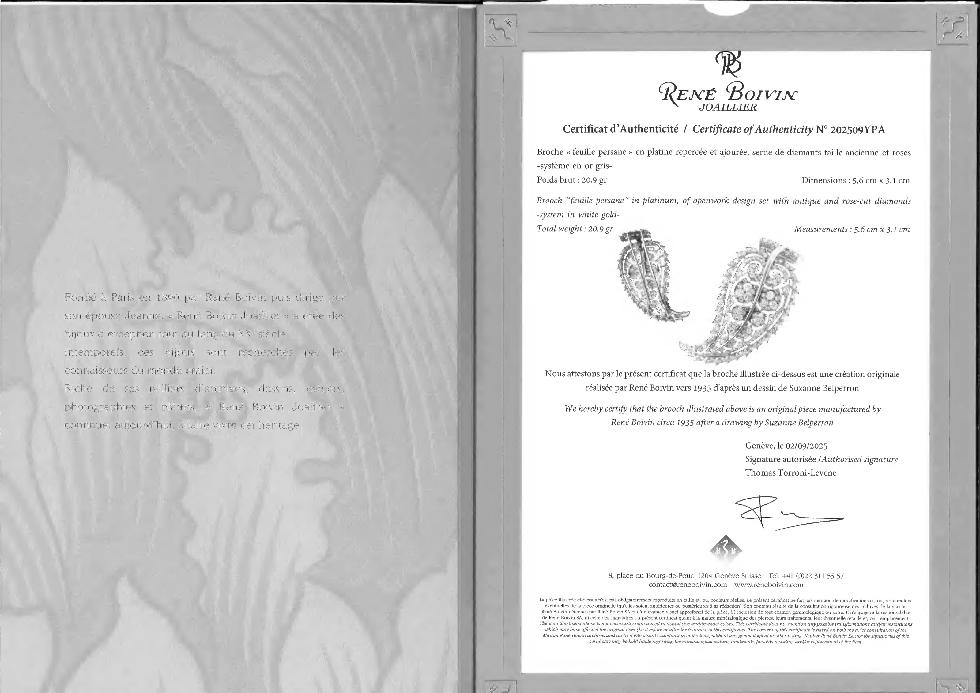 SUZANNE BELPERRON, RENÉ BOIVIN, BROCHE DIAMANTS 'FEUILLE PERSANE' image 4