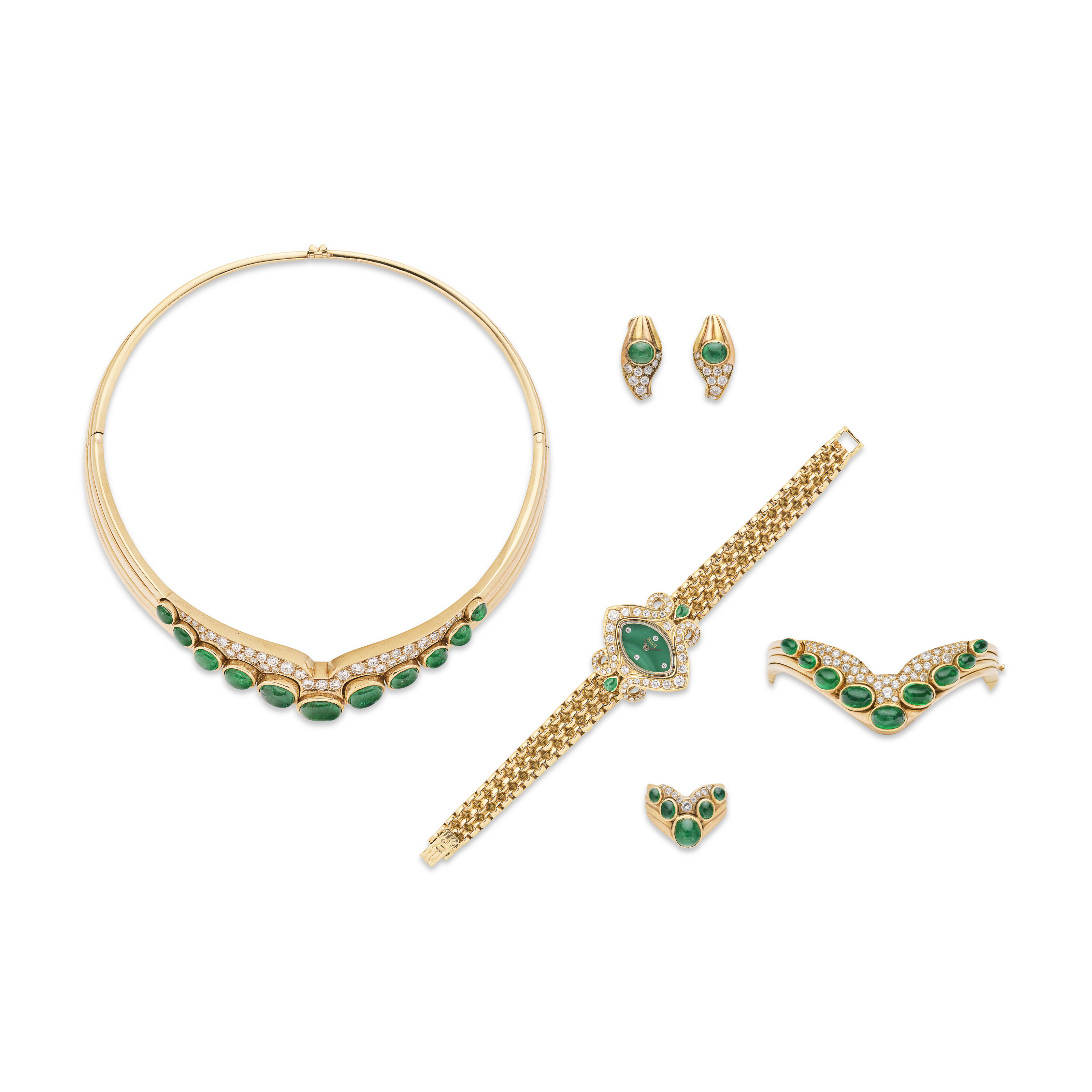 PIAGET MONTRE ÉMERAUDES ET DIAMANTS ACCOMPAGNÉE D'UNE PARURE ÉMERAUDES ET DIAMANTS NON SIGNÉE