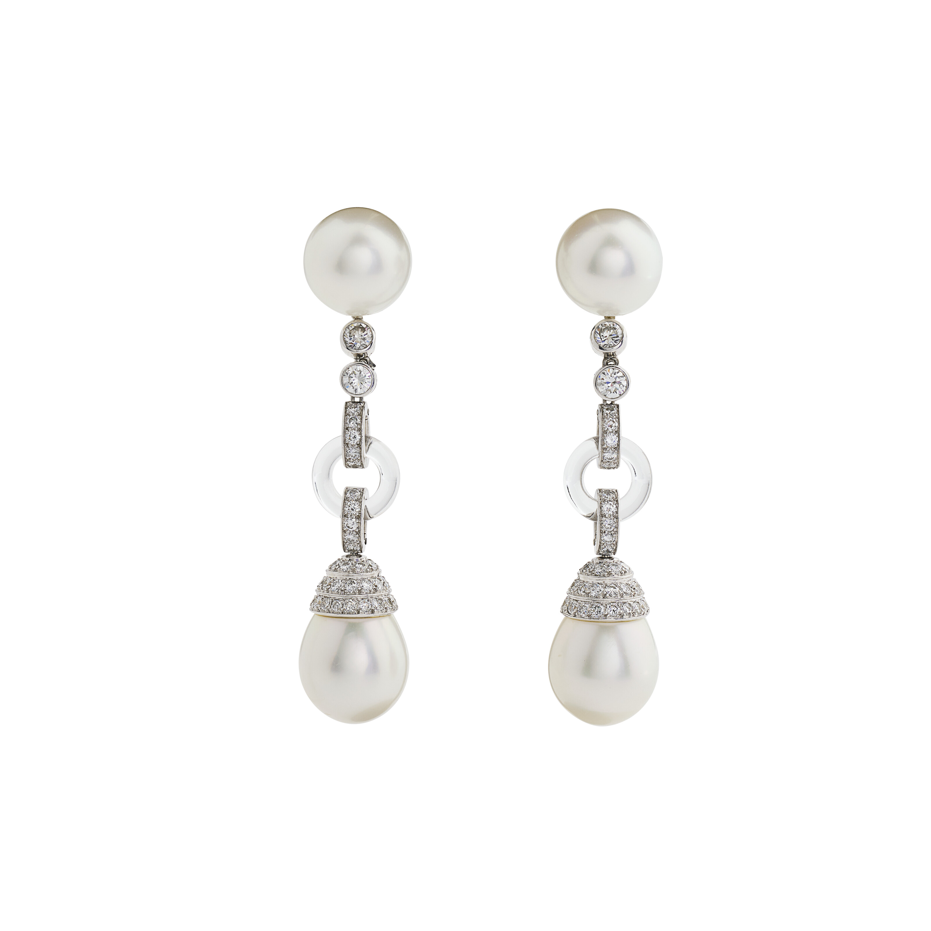 CARTIER PAIRE DE BOUCLES D'OREILLES TRANSFORMABLE PERLES DE CULTURE, CRISTAL DE ROCHE ET DIAMANTS