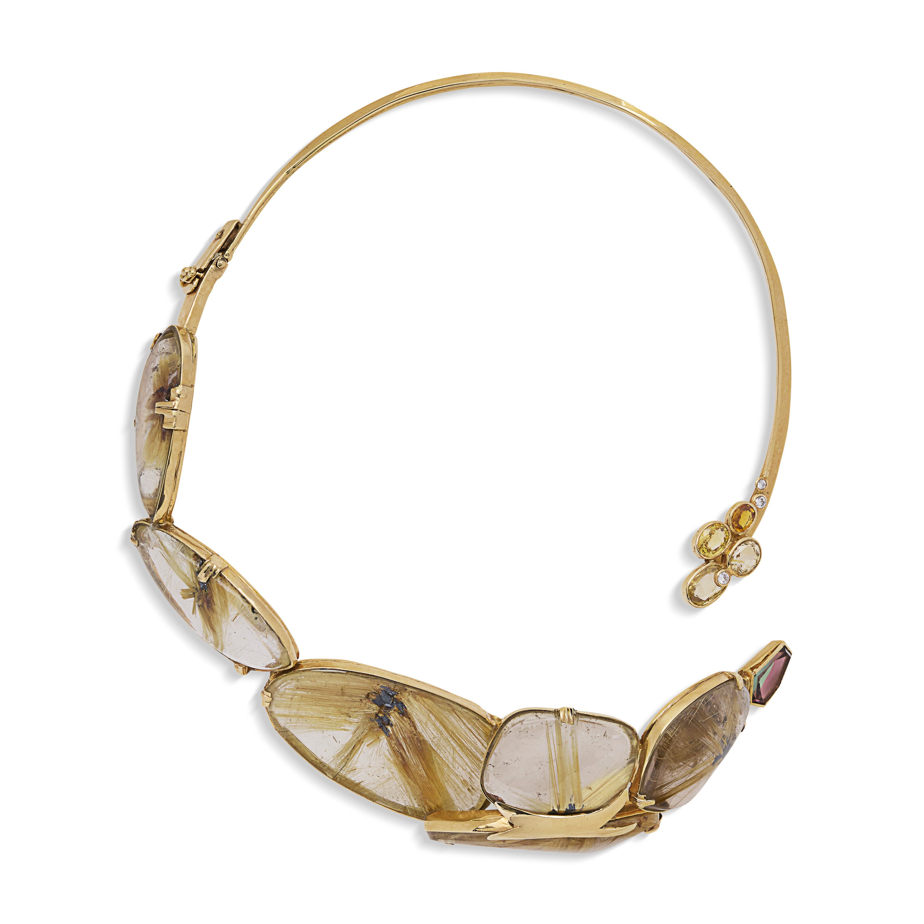 NO RESERVE - JEAN VENDOME COLLIER QUARTZ RUTILE, SAPHIRS DE COULEUR, TOURMALINE ET DIAMANTS