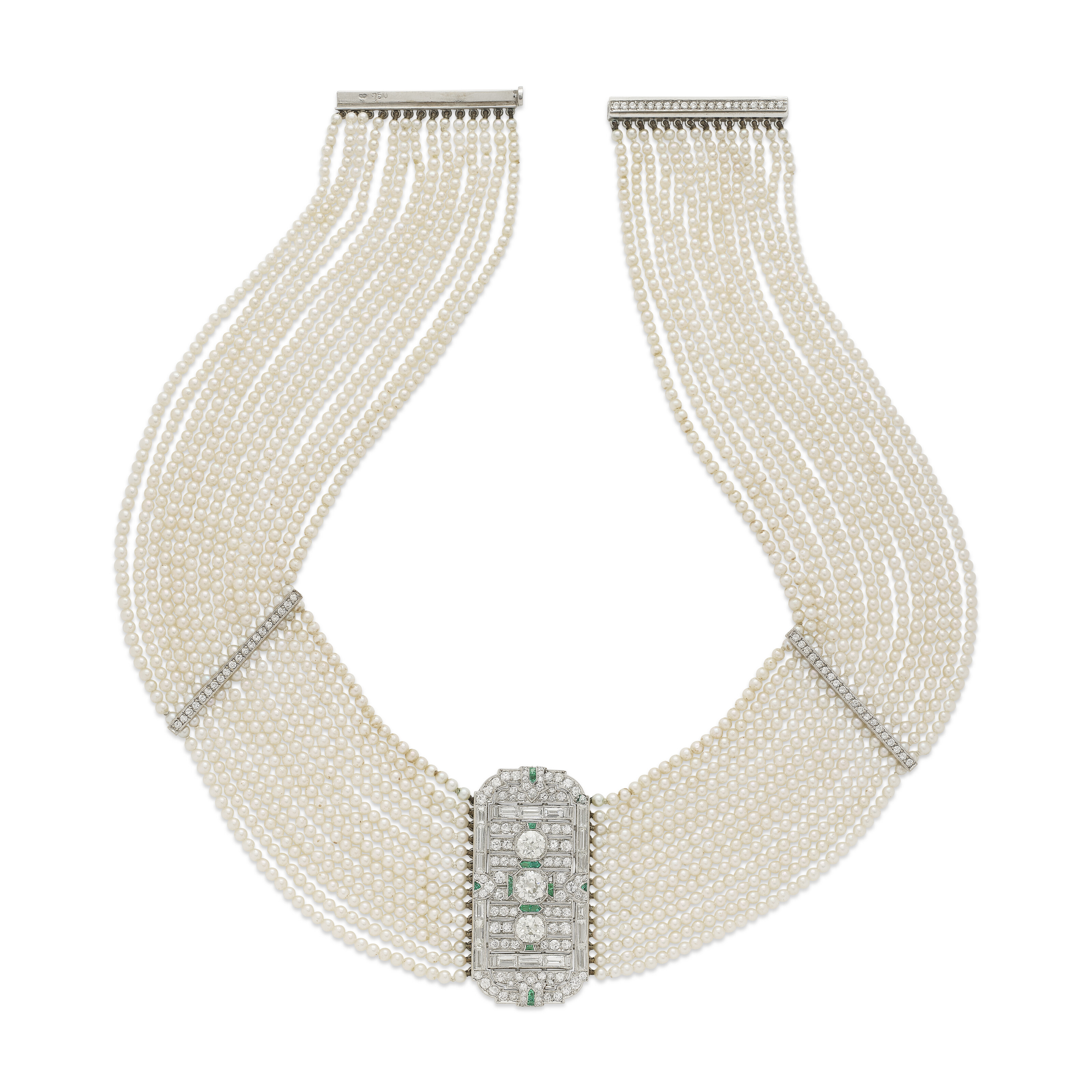 NO RESERVE - COLLIER RAS-DE-COU PERLES DE CULTURE, ÉMERAUDES ET DIAMANTS image 3