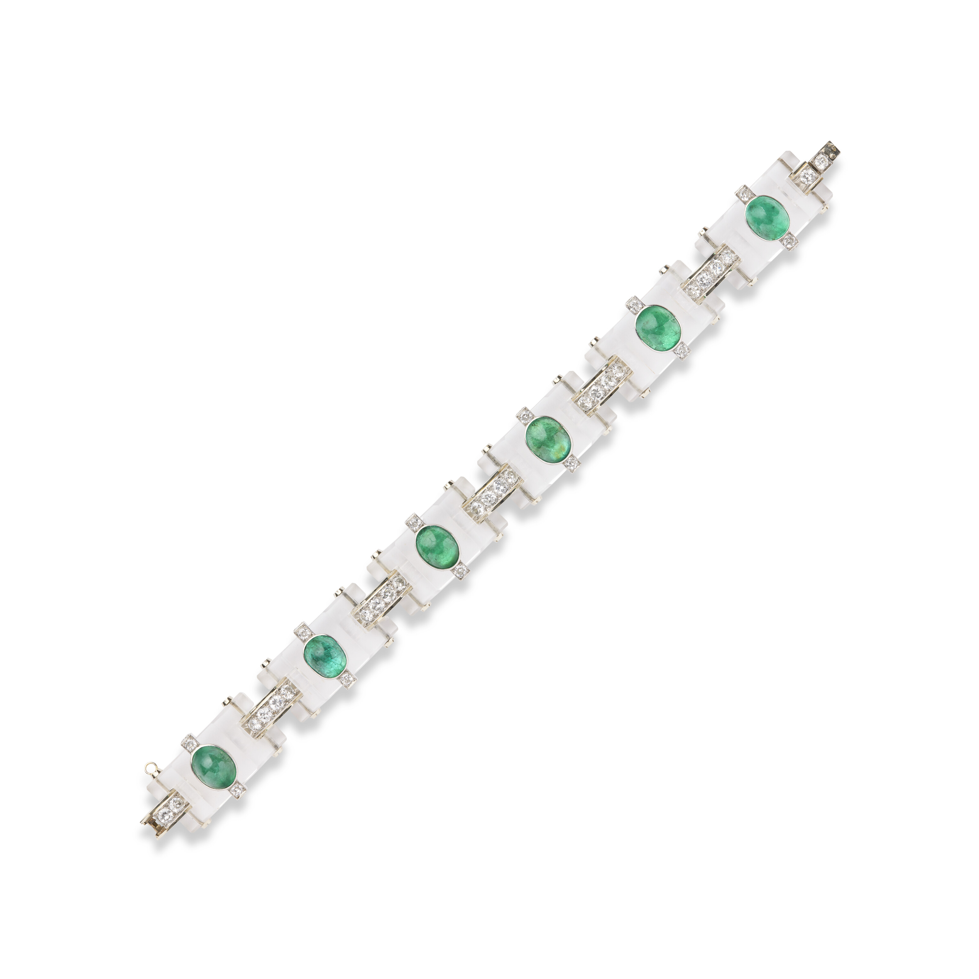 BRACELET ART DÉCO CRISTAL DE ROCHE, ÉMERAUDES ET DIAMANTS