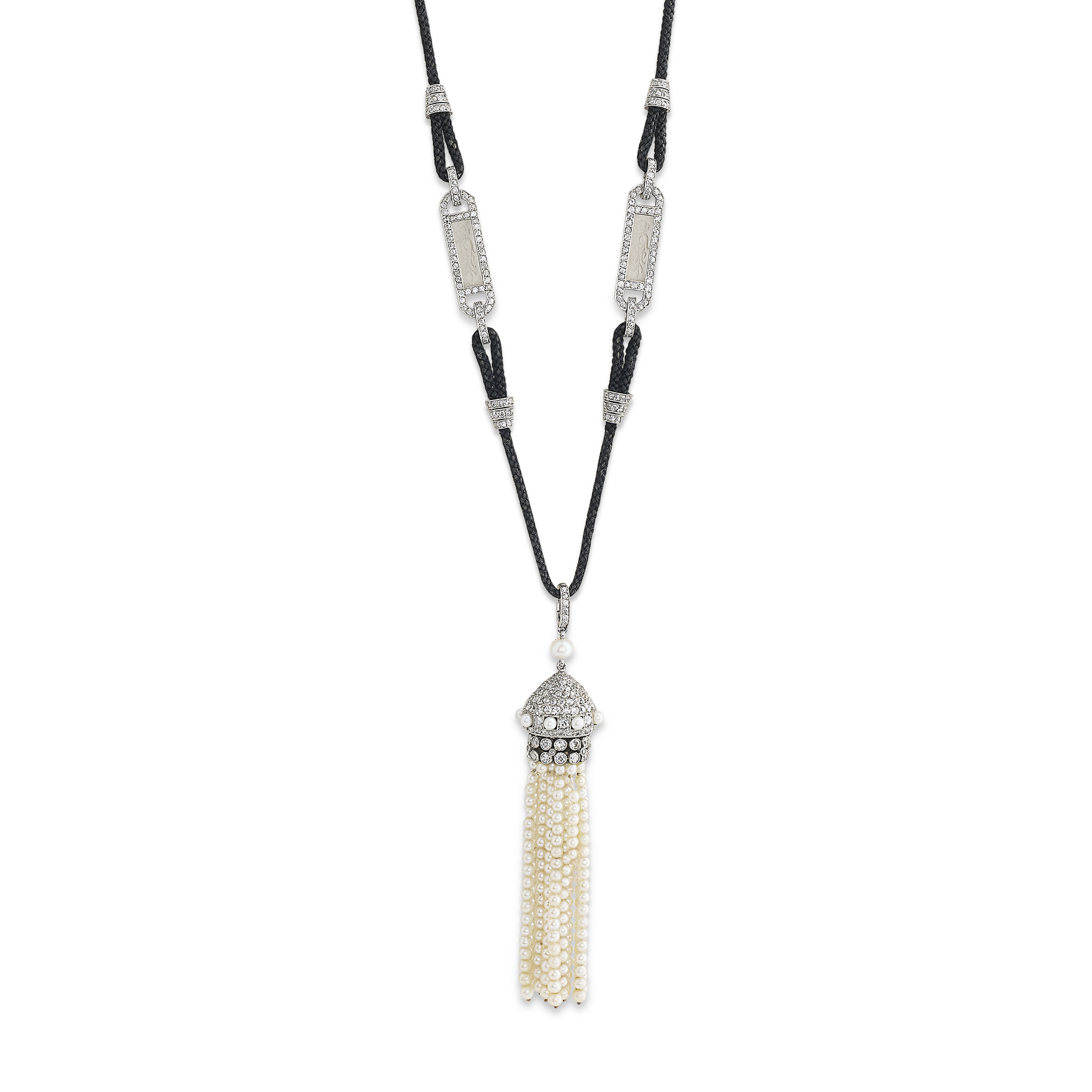 CARTIER COLLIER CRISTAL DE ROCHE ET DIAMANTS ACCOMPAGNÉ D'UN PENDENTIF NON SIGNÉ PERLES DE SEMENCE ET DIAMANTS DÉBUT DU XXe SIÈCLE