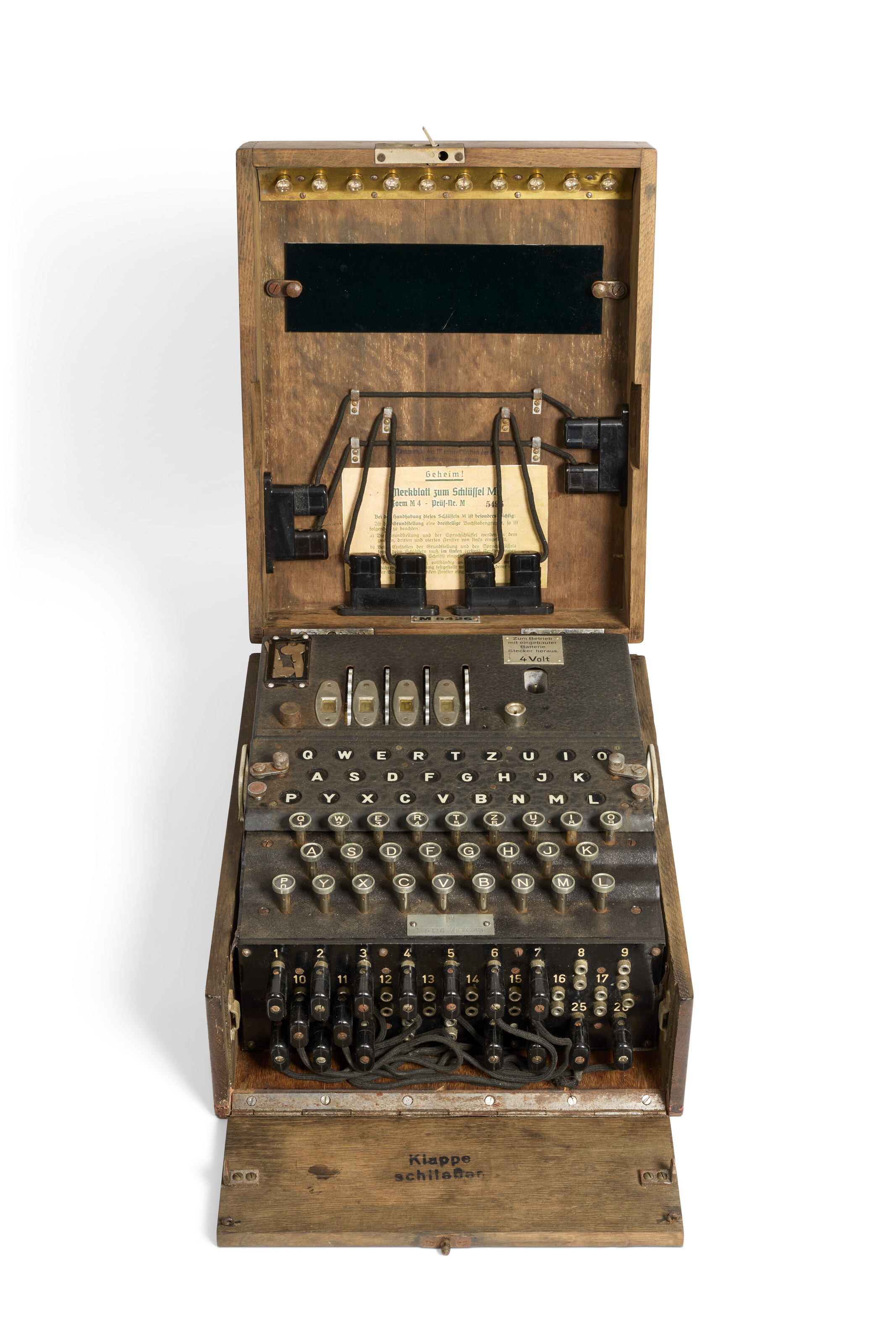 A four-rotor Enigma cipher machine, Heimsoeth & Rinke, November 1941. Serial number M5426, with complete electrical wiring, raised QWERTZ keyboard in a crackle black-painted metal case, plugboard in the front with eight patch leads; comes with a German Navy telegraph key. Offered in The Exceptional Sale on 18 November 2025 at Christie's in Paris